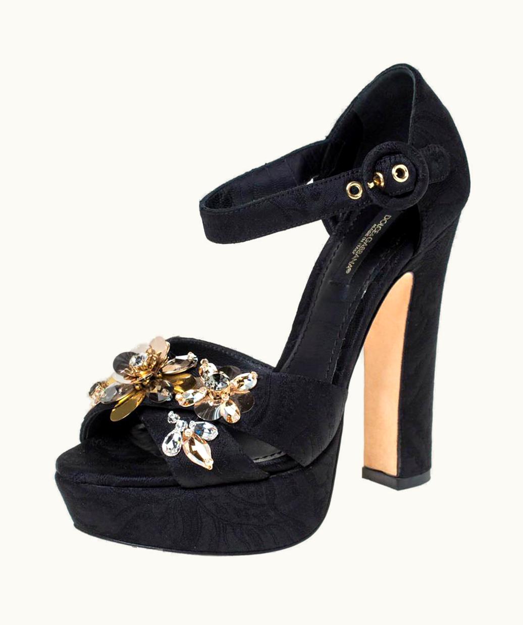 Dolce & Gabbana Dolce & Gabbana Black Floral Fabric Embellished Ankle Strap Sandals