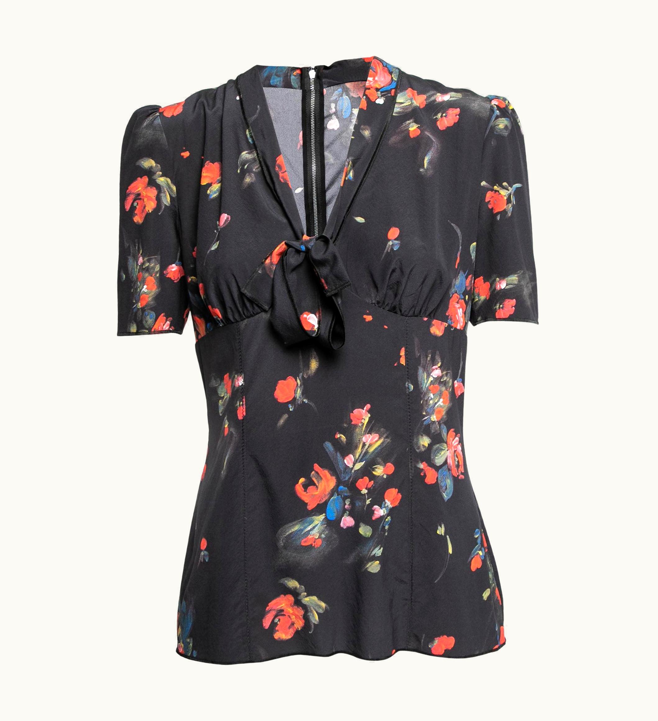 Dolce & Gabbana Dolce & Gabbana Black Floral Printed Silk Neck Tie Detailed Blouse