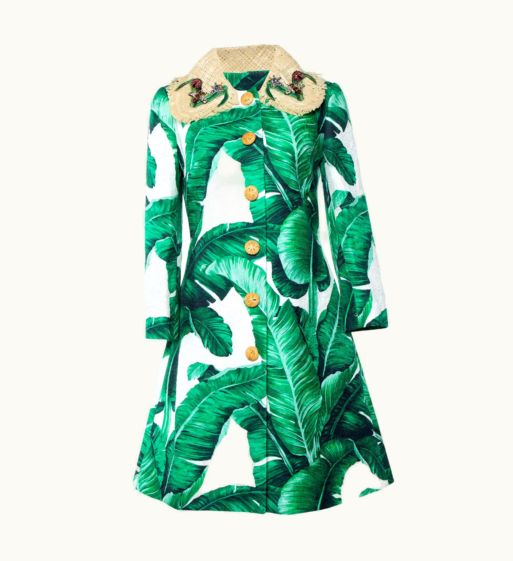 Dolce & Gabbana Dolce & Gabbana Green Banana Leaf Printed Cotton Jacquard Coat