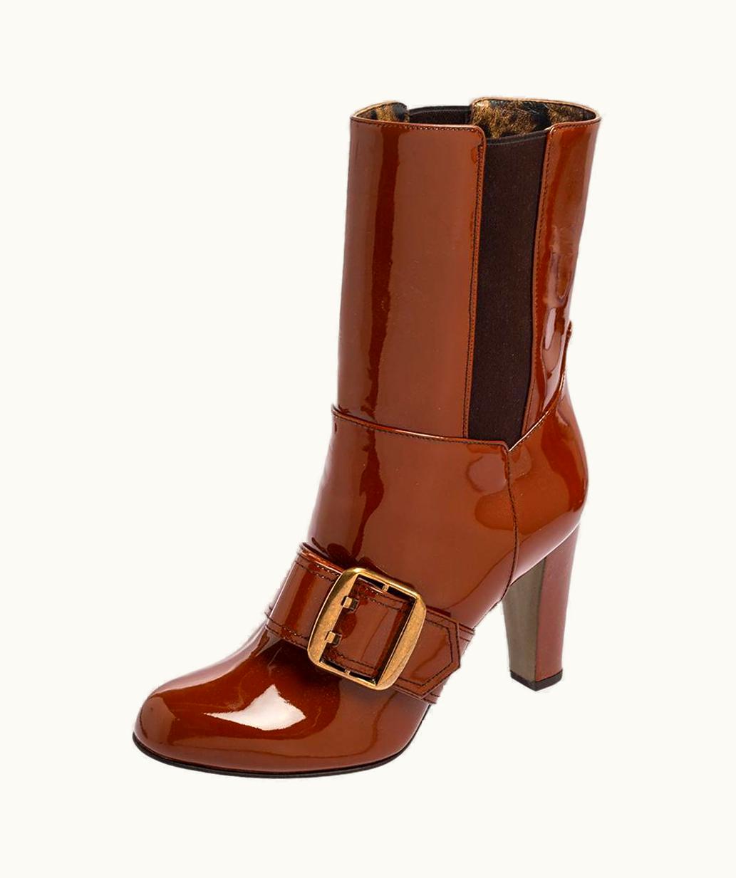 Dolce & Gabbana Dolce & Gabbana Brown Patent Leather Buckle Mid Calf Boots
