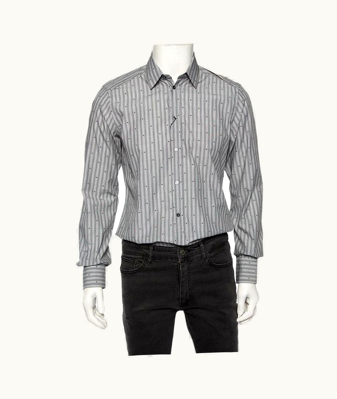 Dolce & Gabbana Dolce & Gabbana Grey Striped Cotton Embroidered Detail Gold Fit Shirt