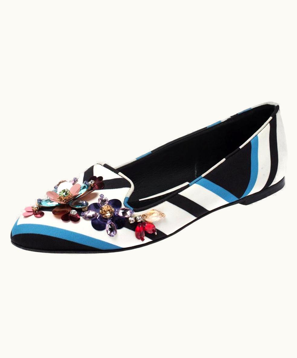 Dolce & Gabbana Dolce & Gabbana Multicolor Chevron Printed Fabric Crystal Ballet Flats