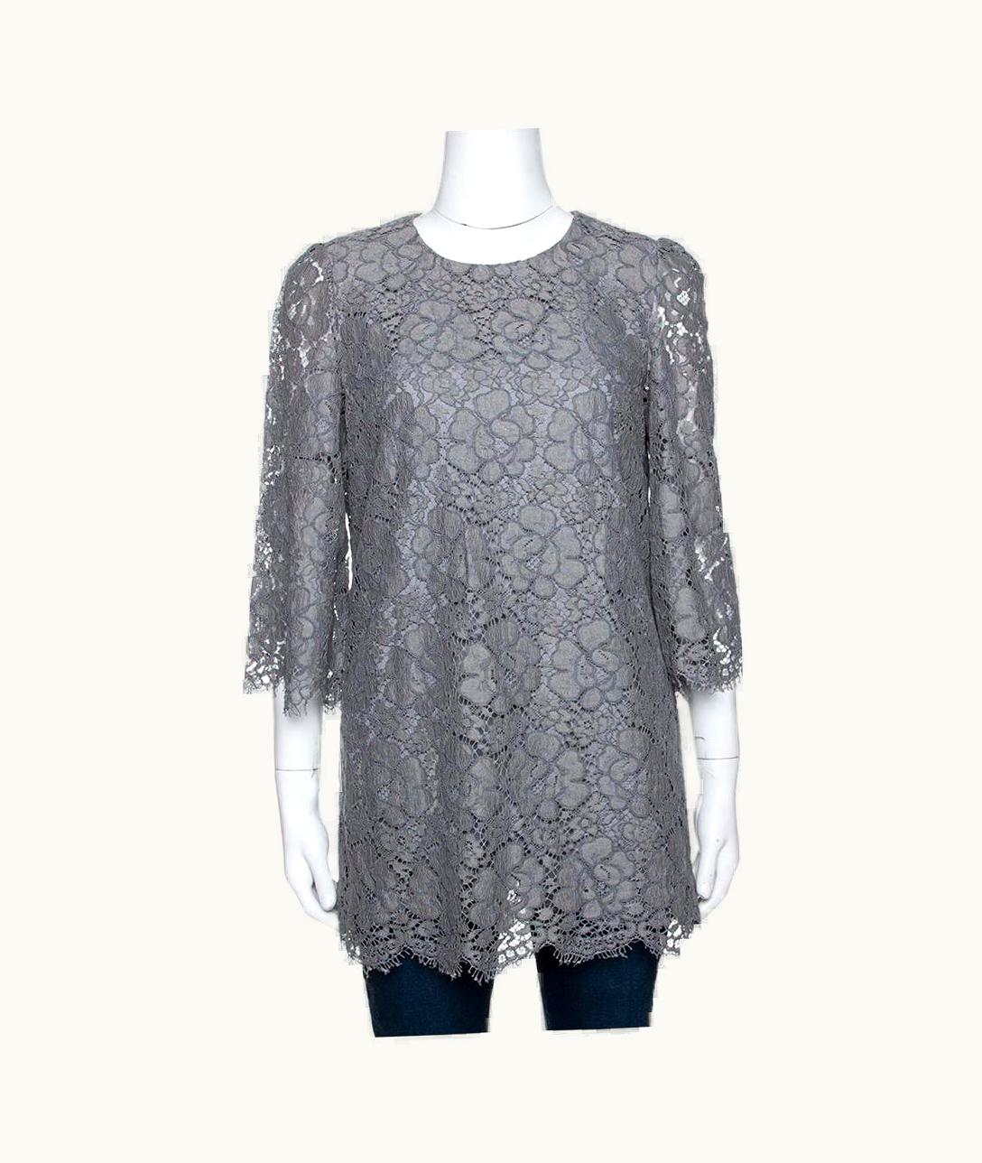Dolce & Gabbana Dolce & Gabbana Grey Floral Corded Lace Three Quarter Sleeve Top