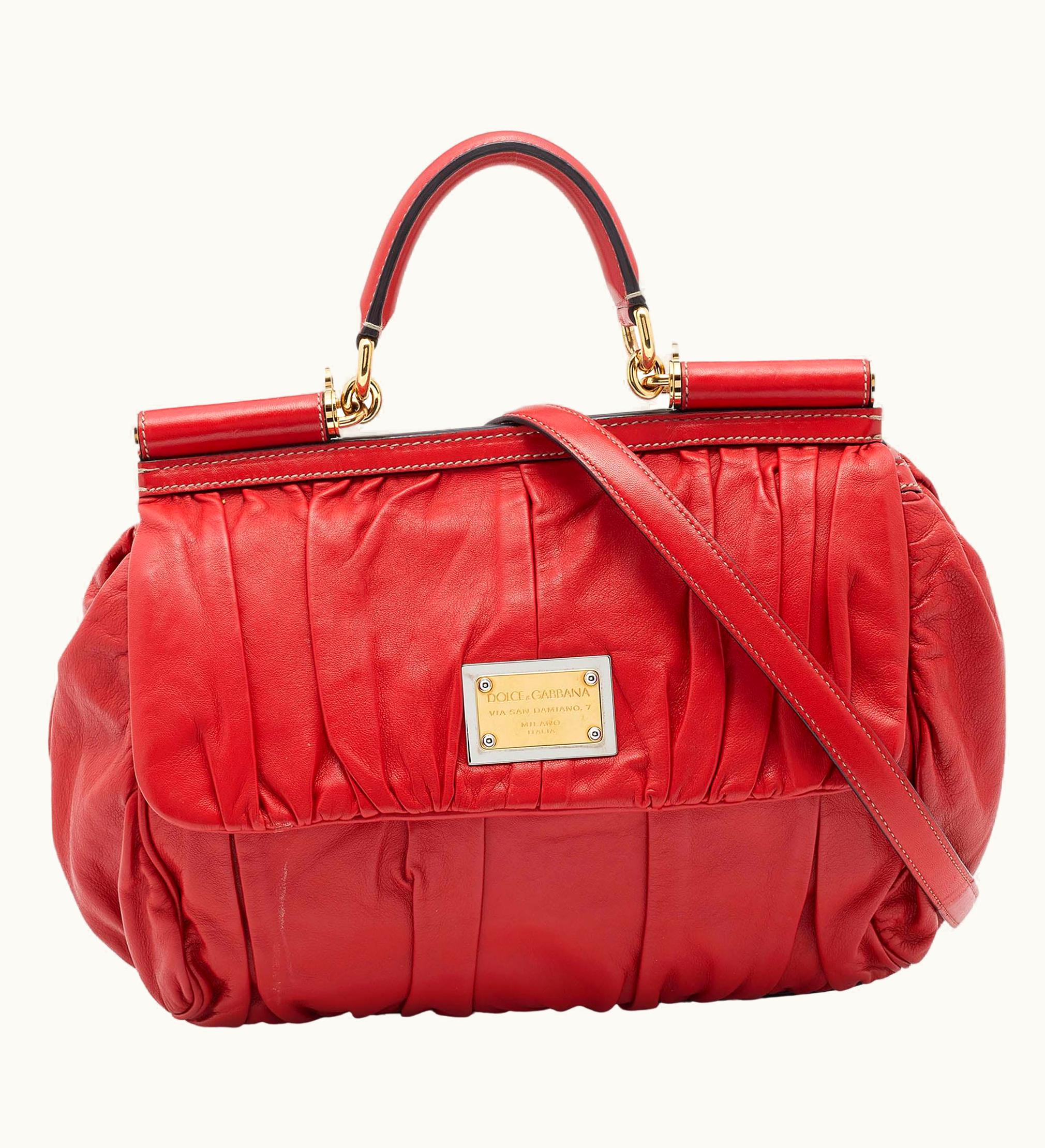 Dolce & Gabbana Dolce & Gabbana Red Pleated Leather Large Miss Sicily Top Handle Bag
