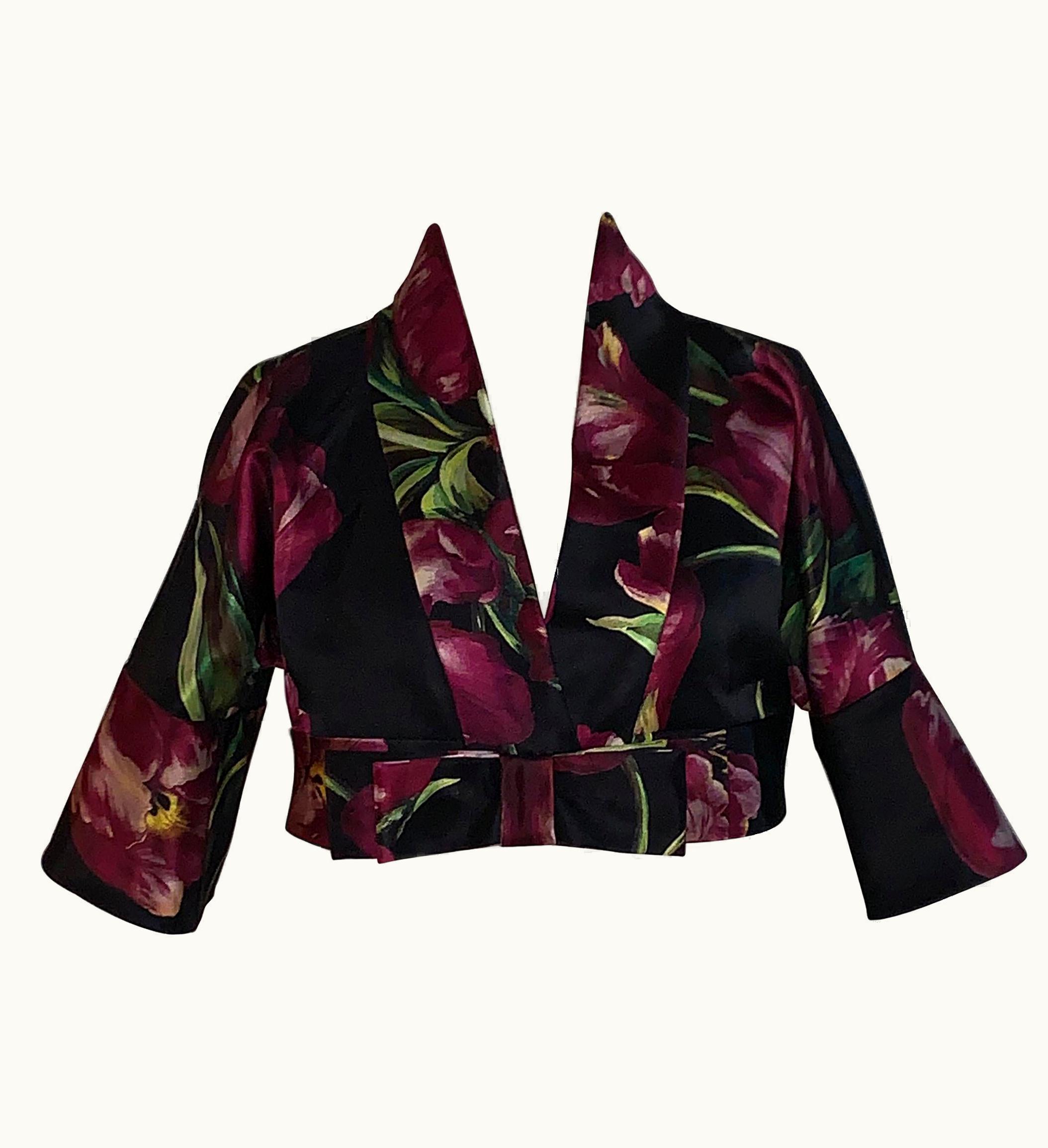 Dolce & Gabbana Dolce & Gabbana Black And Purple Silk Floral Tulip Print Cropped Jacket Bolero