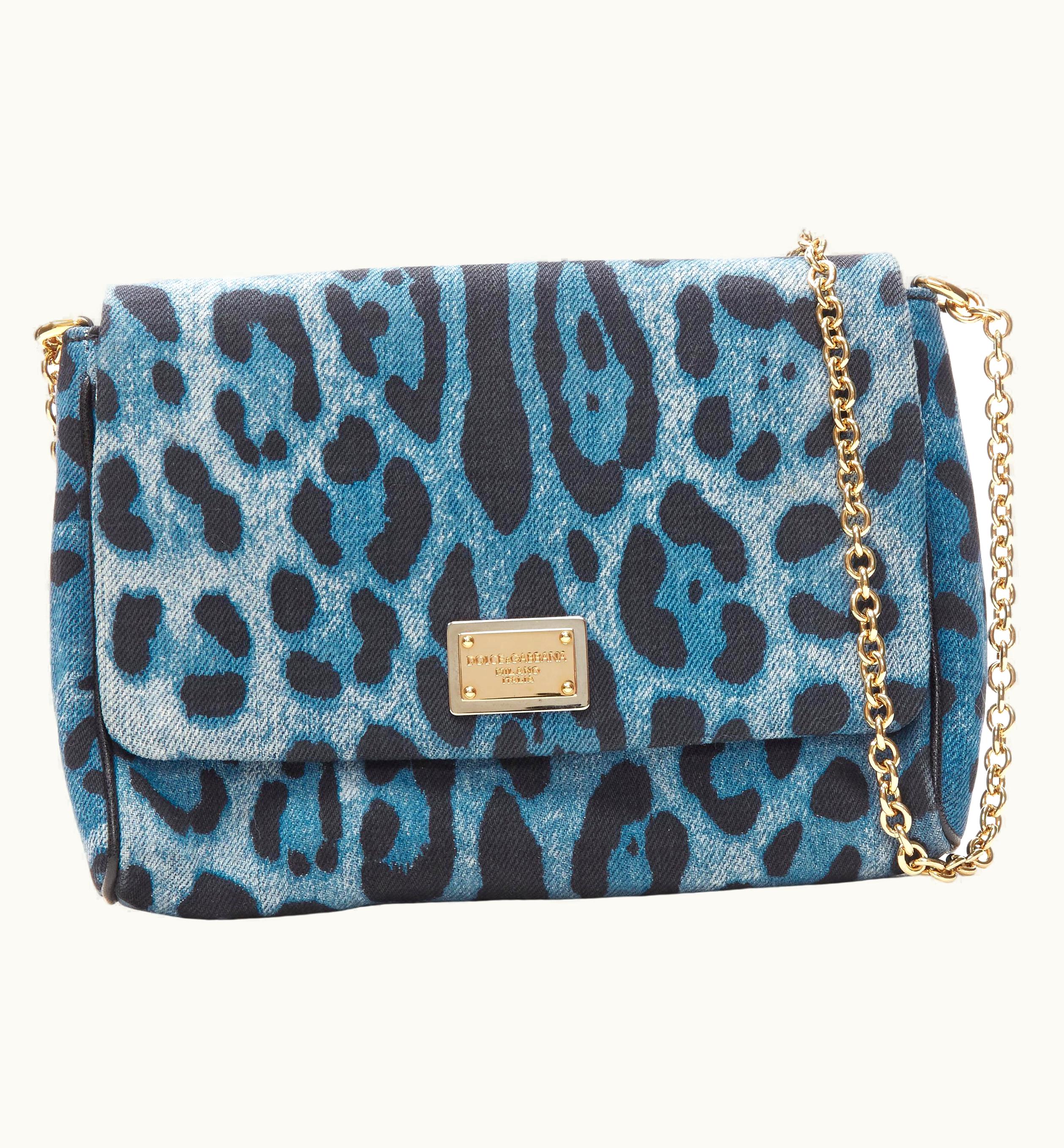 Dolce & Gabbana Dolce Gabbana Miss Martini Blue Leopard Denim Logo Plate Chain Crossbody Bag