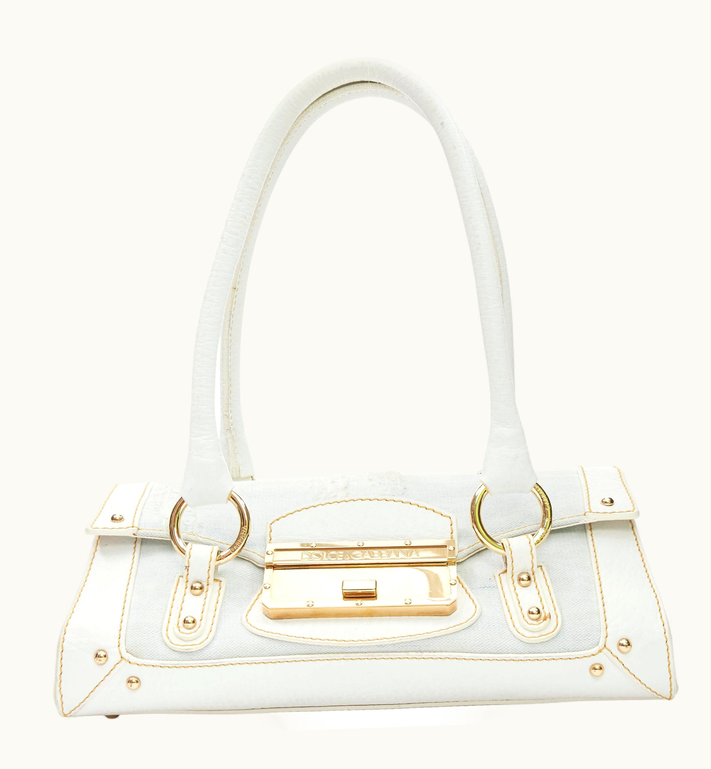 Dolce & Gabbana Vintage Dolce Gabbana 1990s Blue Distressed Denim White Gold Buckle Satchel Bag