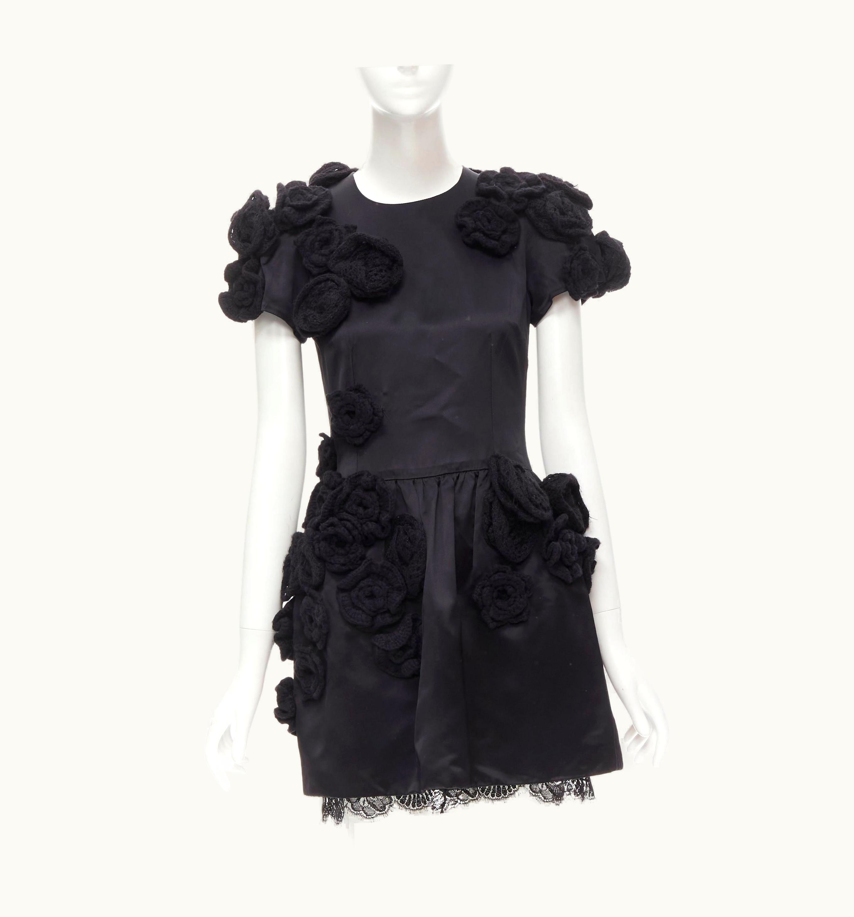 Dolce & Gabbana Dolce Gabbana Black 3d Wool Flower Applique Lace Trimmed Dress