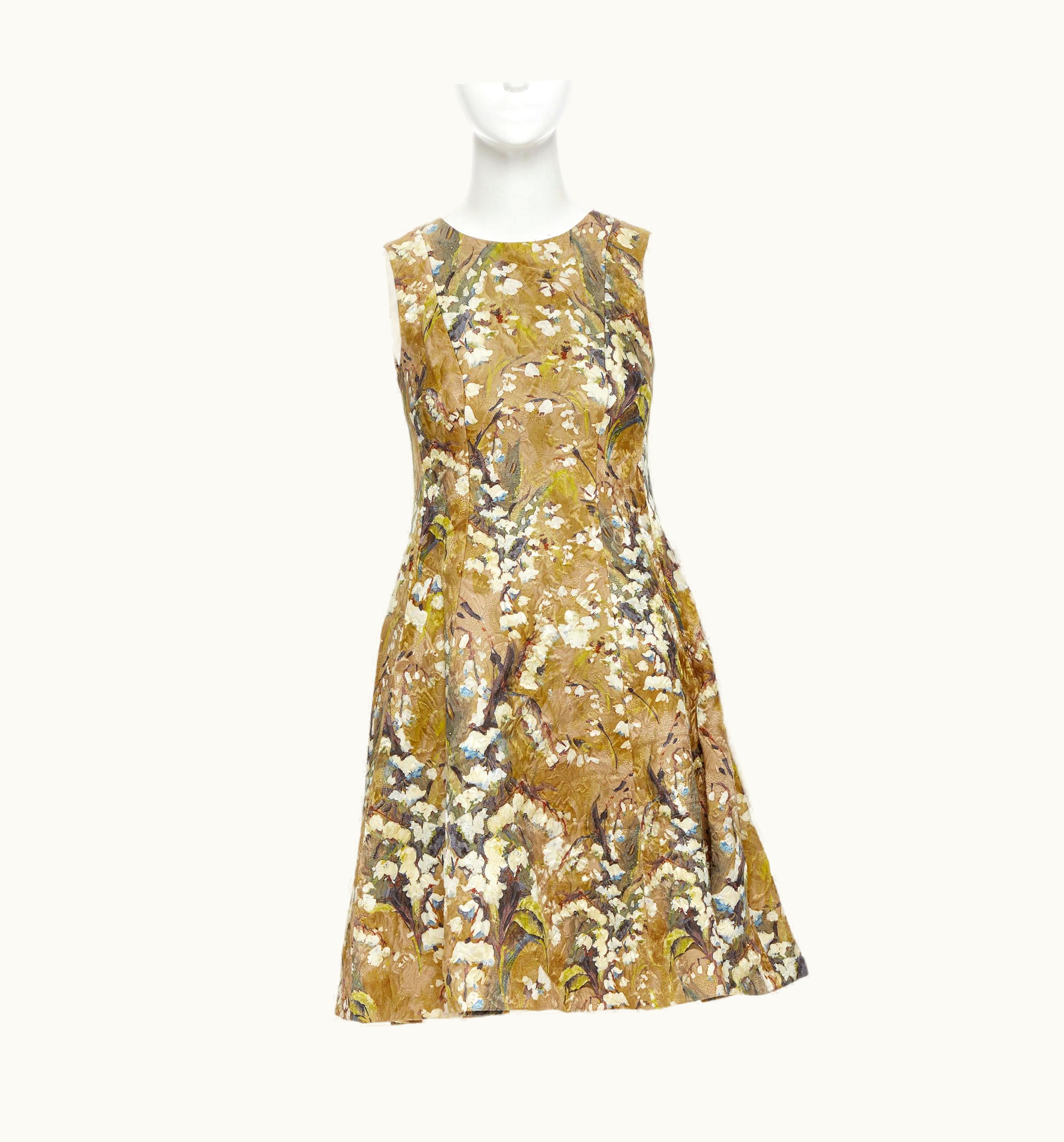 Dolce & Gabbana Dolce Gabbana Khaki Floral Blossom Jewel Button Jacquard Flared Dress