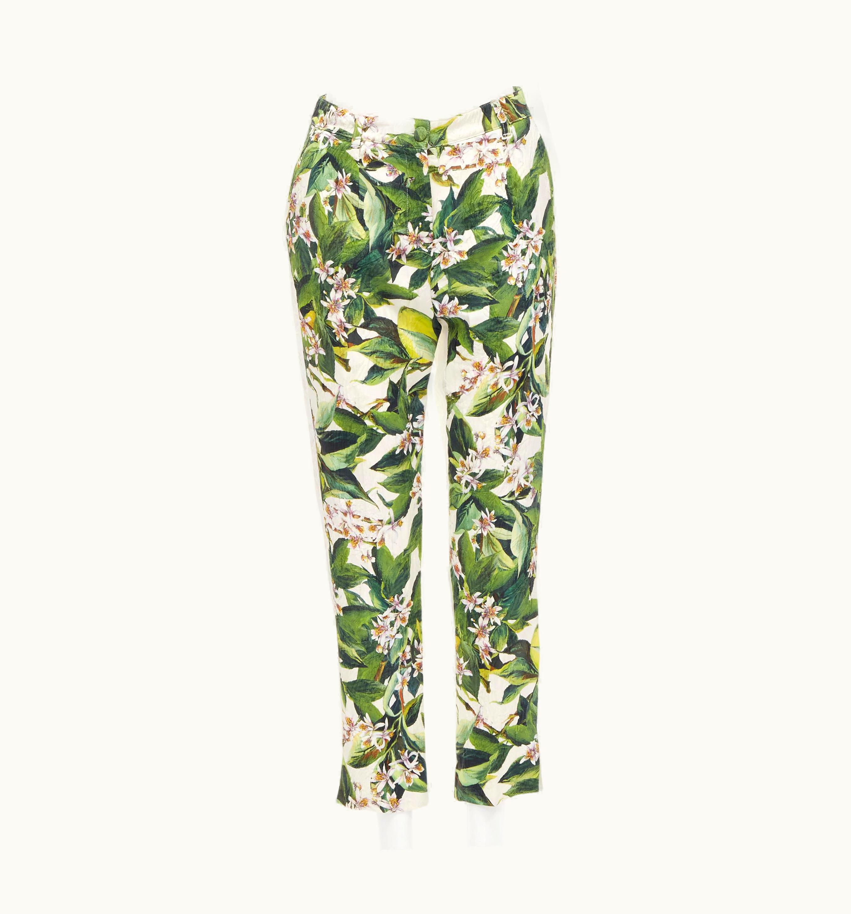 Dolce & Gabbana Dolce Gabbana Green Pink Blossom Floral Jacquard Cropped Trousers
