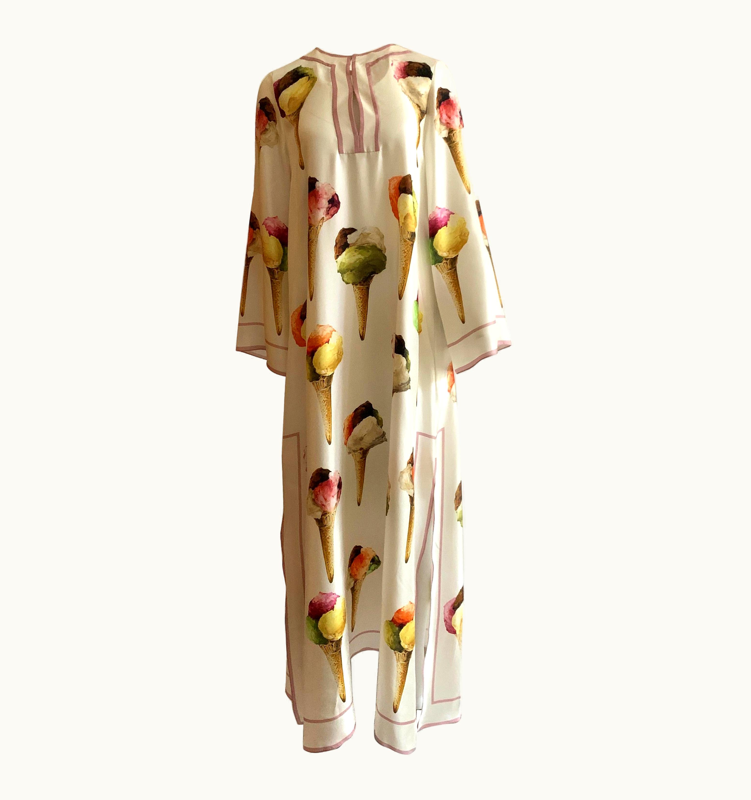 Dolce & Gabbana Dolce & Gabbana Gelato Ice Cream Print White Silk Maxi Kaftan Dress Long Sleeve