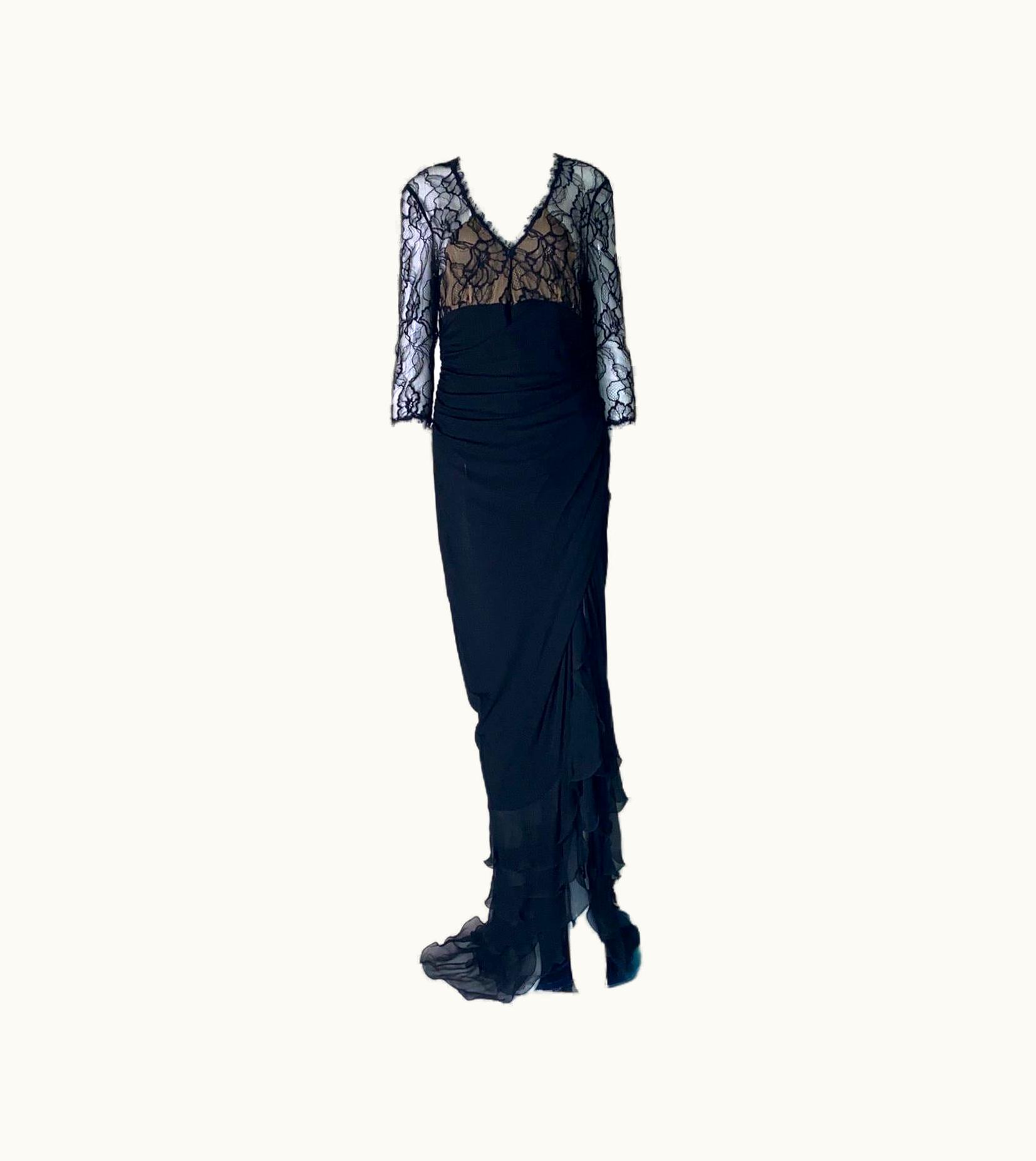 Dolce & Gabbana Unworn Dolce & Gabbana Black Lace Chiffon Silk Evening Gown Maxi Dress
