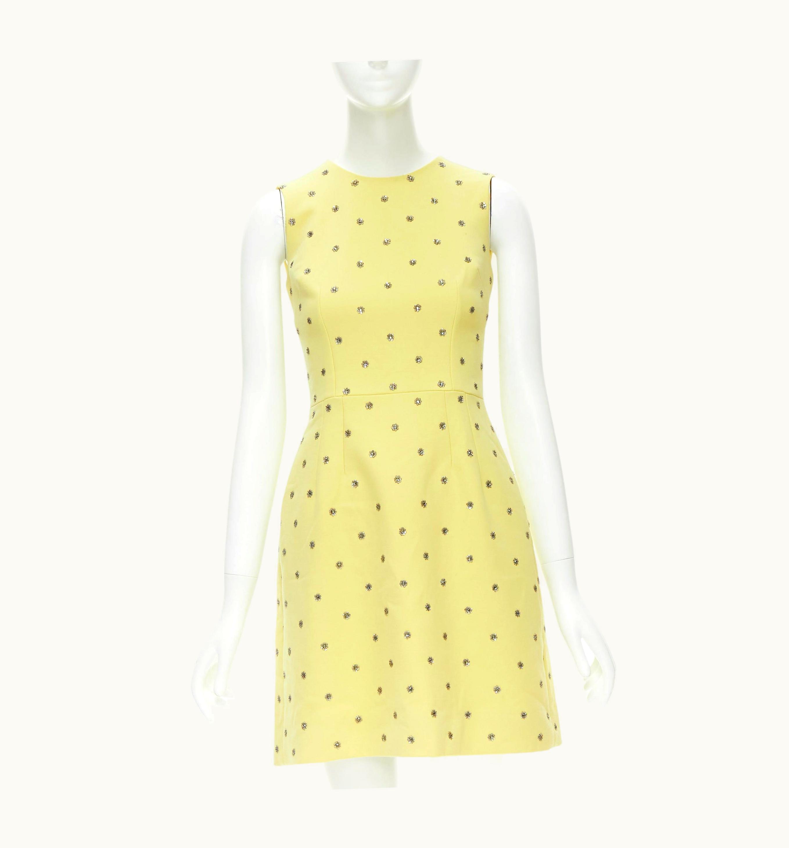 Dolce & Gabbana Dolce Gabbana Yellow Wool Crepe Floral Crystal Embellished Sheath Dress