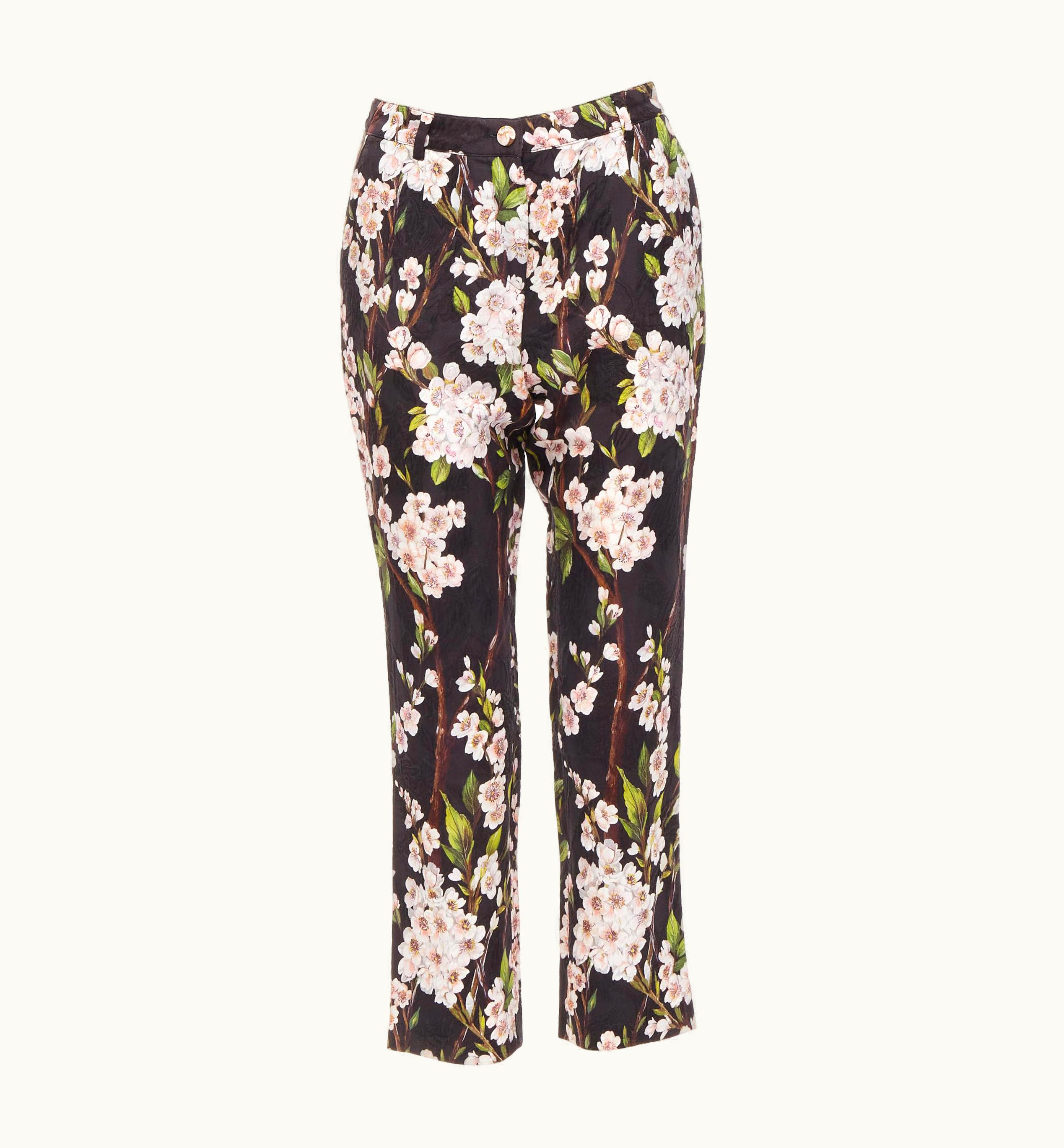 Dolce & Gabbana Dolce Gabbana Black Pink Floral Blossom Print Jacquard Cropped Pants