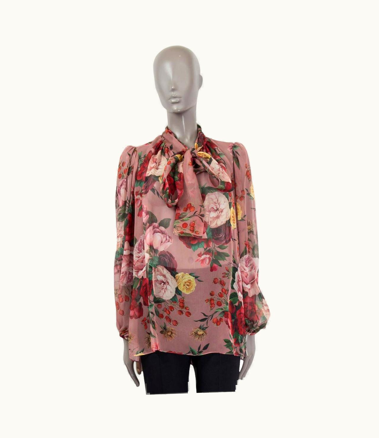 Dolce & Gabbana Dolce & Gabbana Pink Silk Baroque Rose Pussy Bow Blouse Shirt