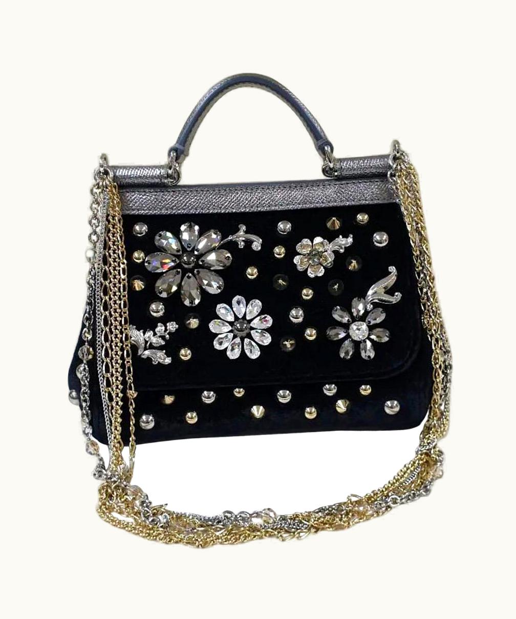 Dolce & Gabbana Dolce & Gabbana Black Velvet Crystal Studded Mini Sicily Chain Crossbody Bag