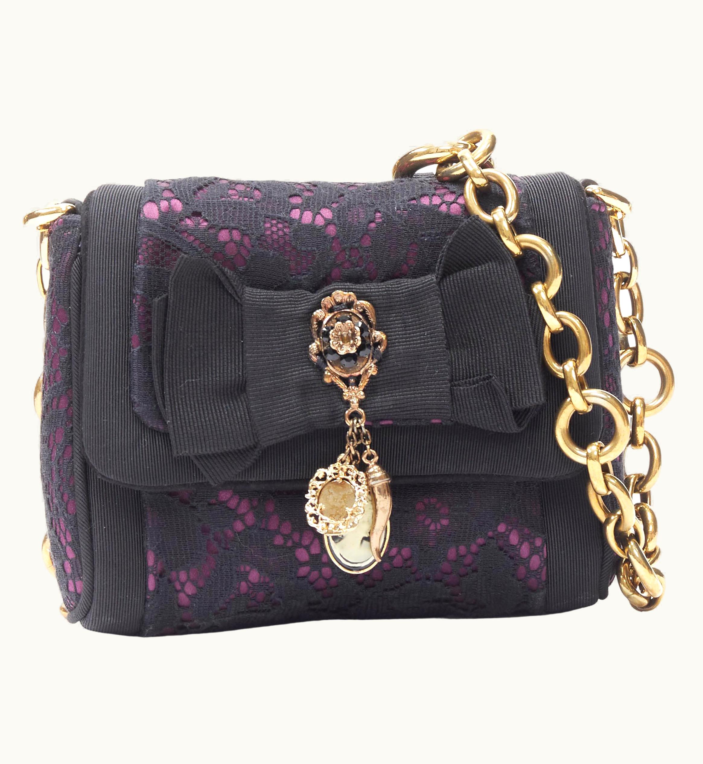 Dolce & Gabbana Dolce Gabbana Crystal Medallion Charm Bow Lace Satin Flap Chain Shoulder Strap