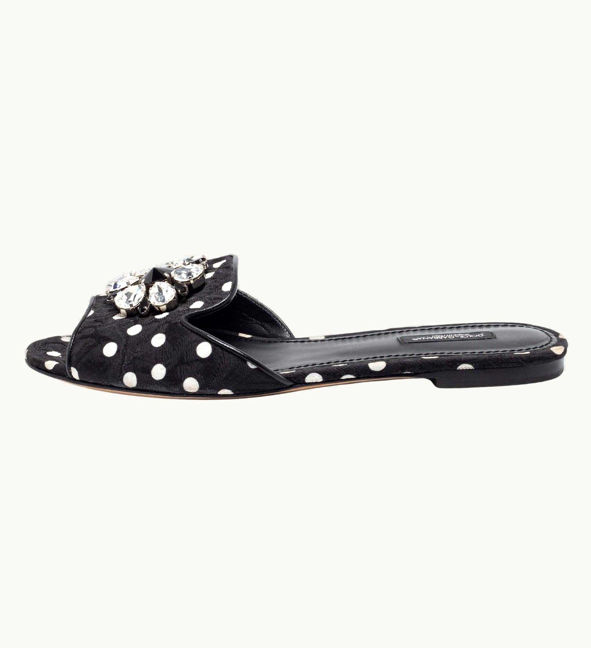 Dolce & Gabbana Dolce & Gabbana Polka Dot Fabric Crystal Embellished Flat Slide Sandals