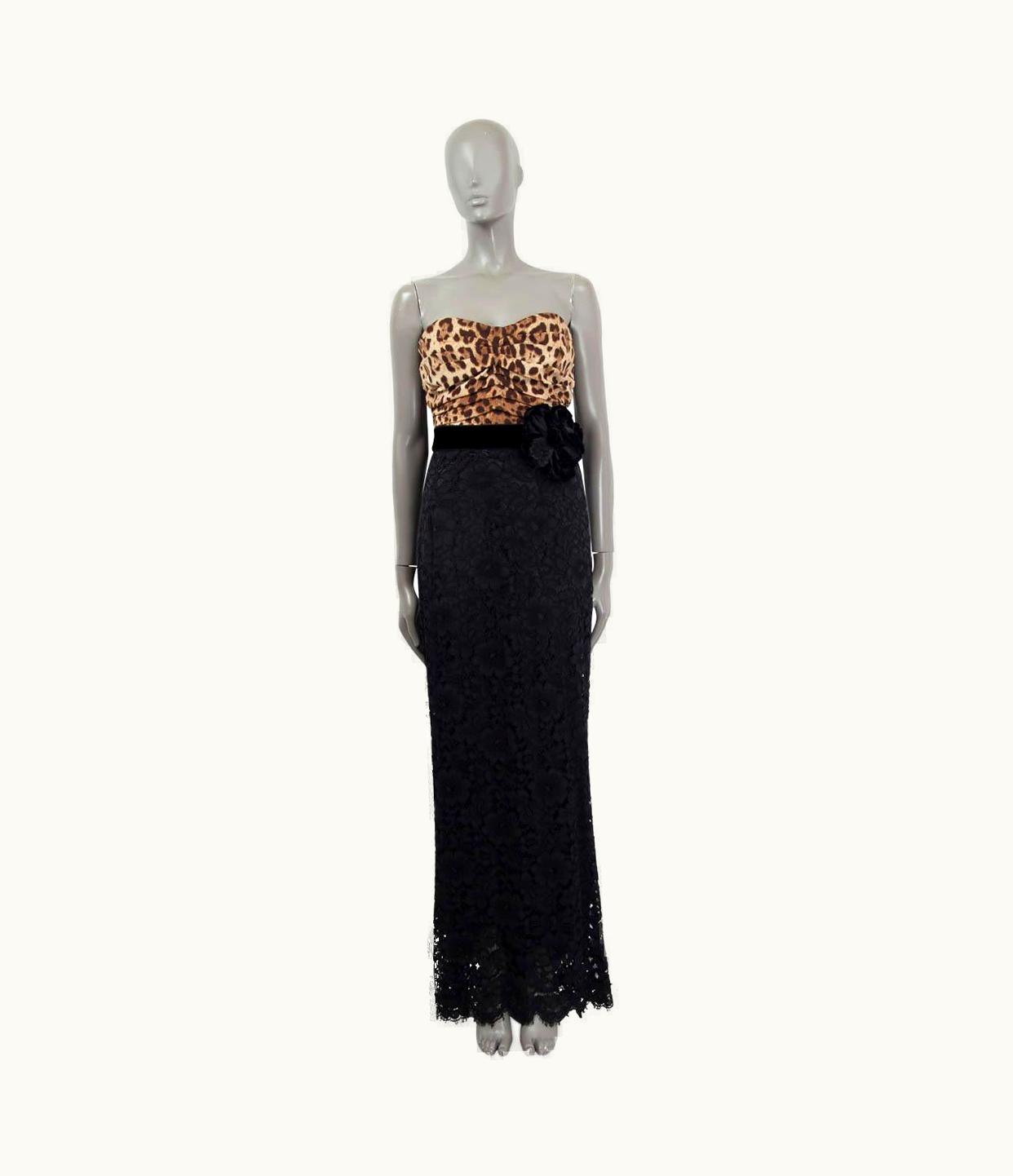 Dolce & Gabbana Dolce & Gabbana Black & Beige Leopard & Lace Bow Gown Maxi Dress