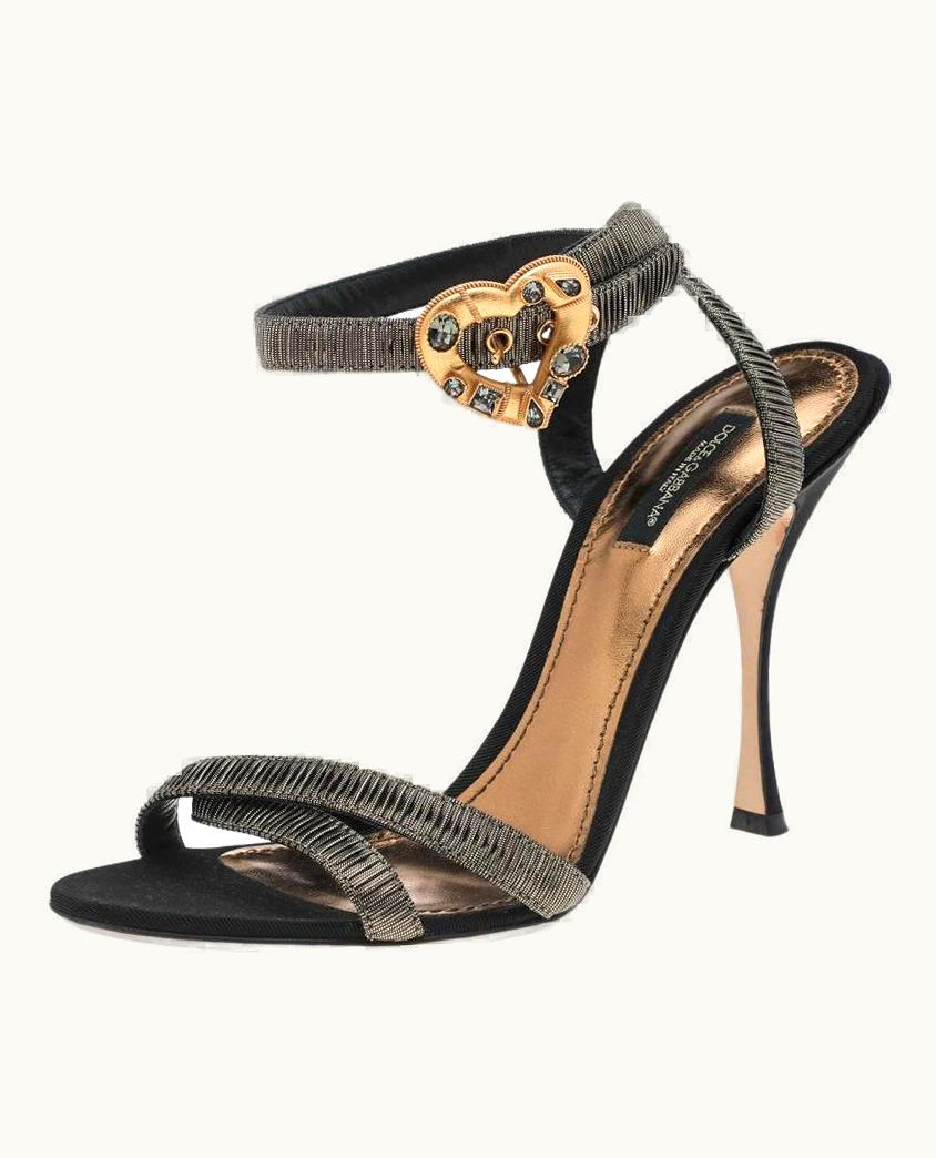 Dolce & Gabbana Dolce & Gabbana Metallic Black Lurex Fabric Devotion Ankle Strap Sandals UZ0610034