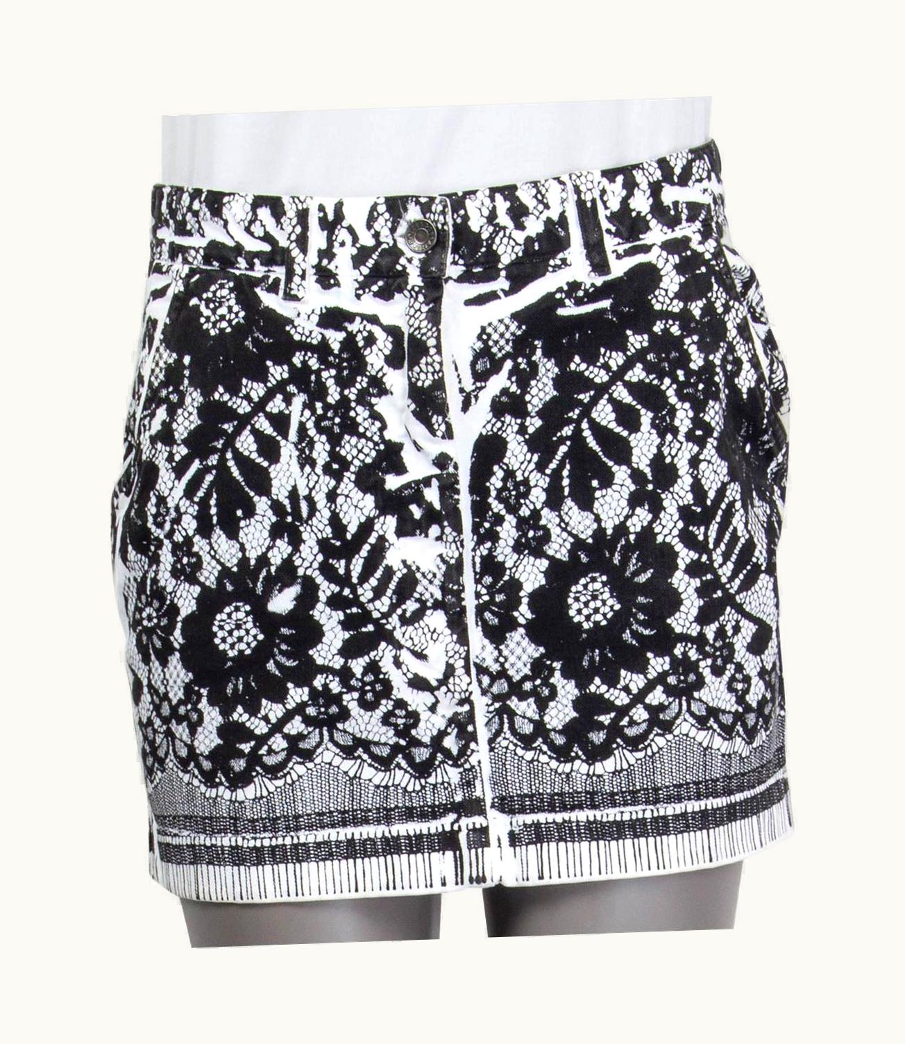 Dolce & Gabbana Dolce & Gabbana Black & White Cotton Lace Print Denim Mini Skirt