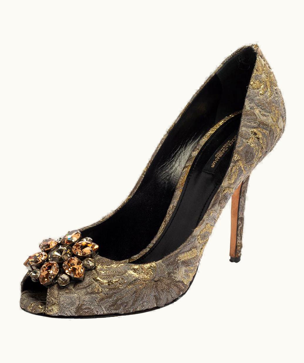 Dolce & Gabbana Dolce & Gabbana Grey Floral Print Brocade Fabric Bellucci Crystal Pumps