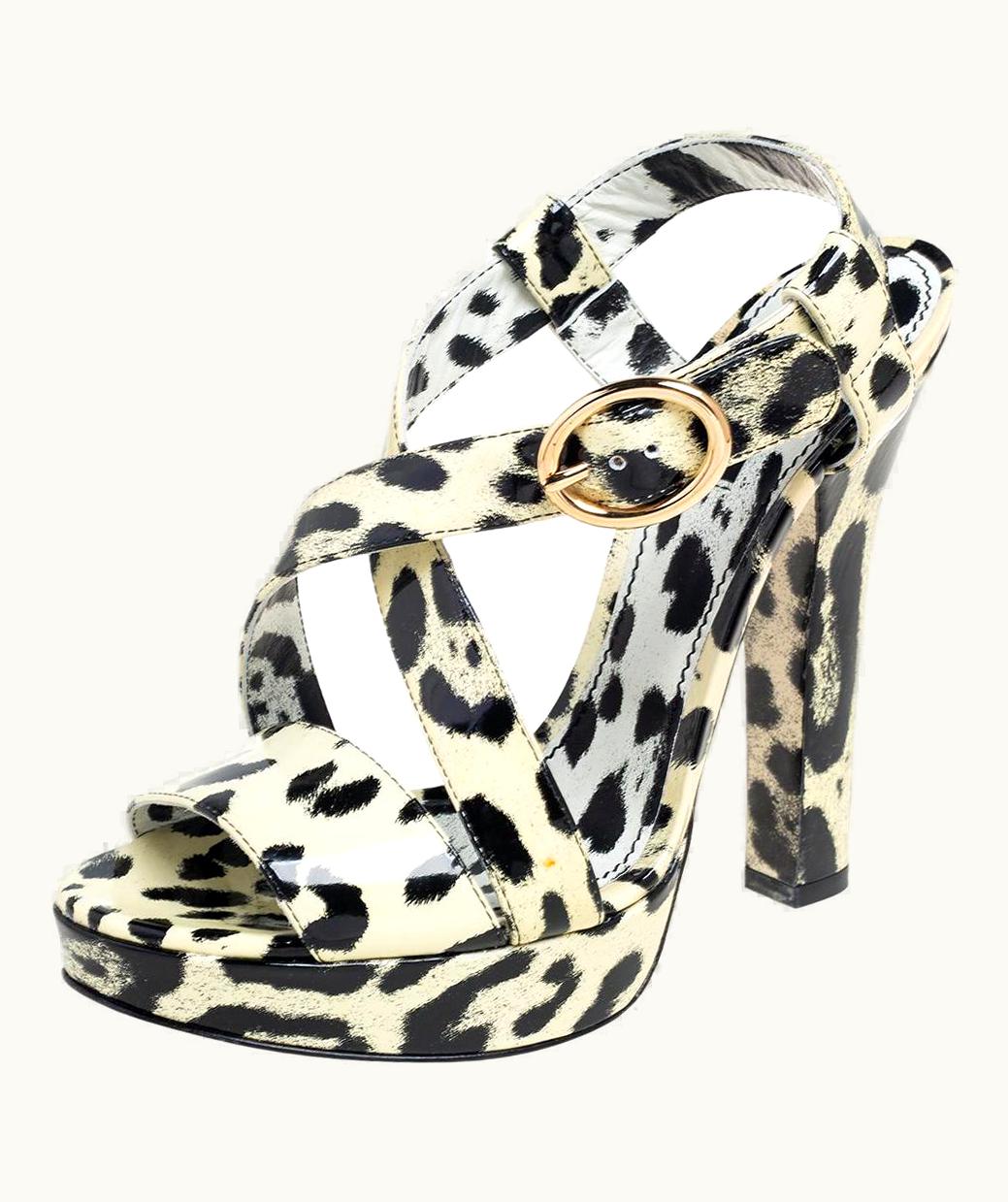 Dolce & Gabbana Dolce & Gabbana Cream/Black Leopard Print Ankle Strap Platform Sandals