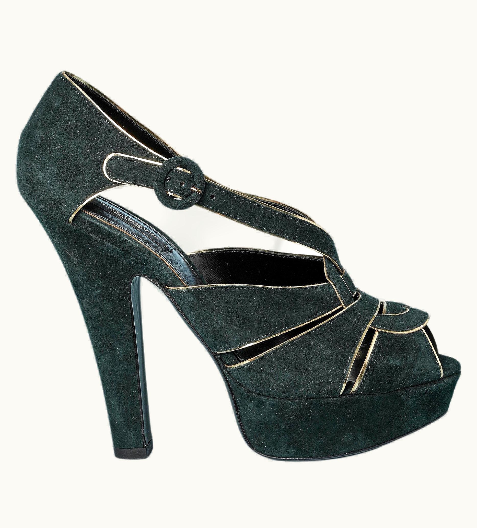 Dolce & Gabbana Platform Sandal In Green Suede And Gold Piping Dolce & Gabbana New