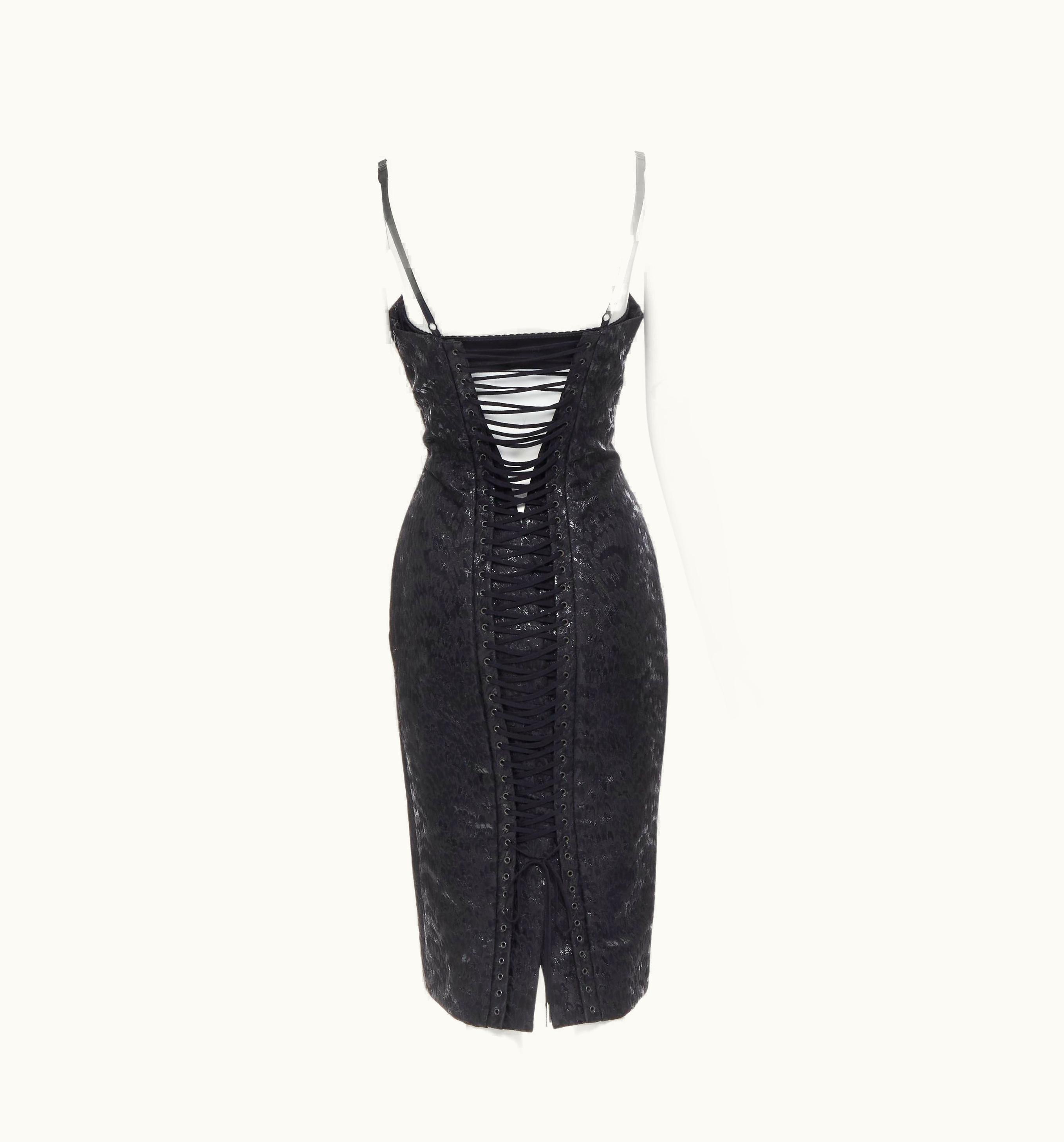 Dolce & Gabbana Vintage Dolce Gabbana Black Lurex Brocade Lace Up Corset Cocktail Dress
