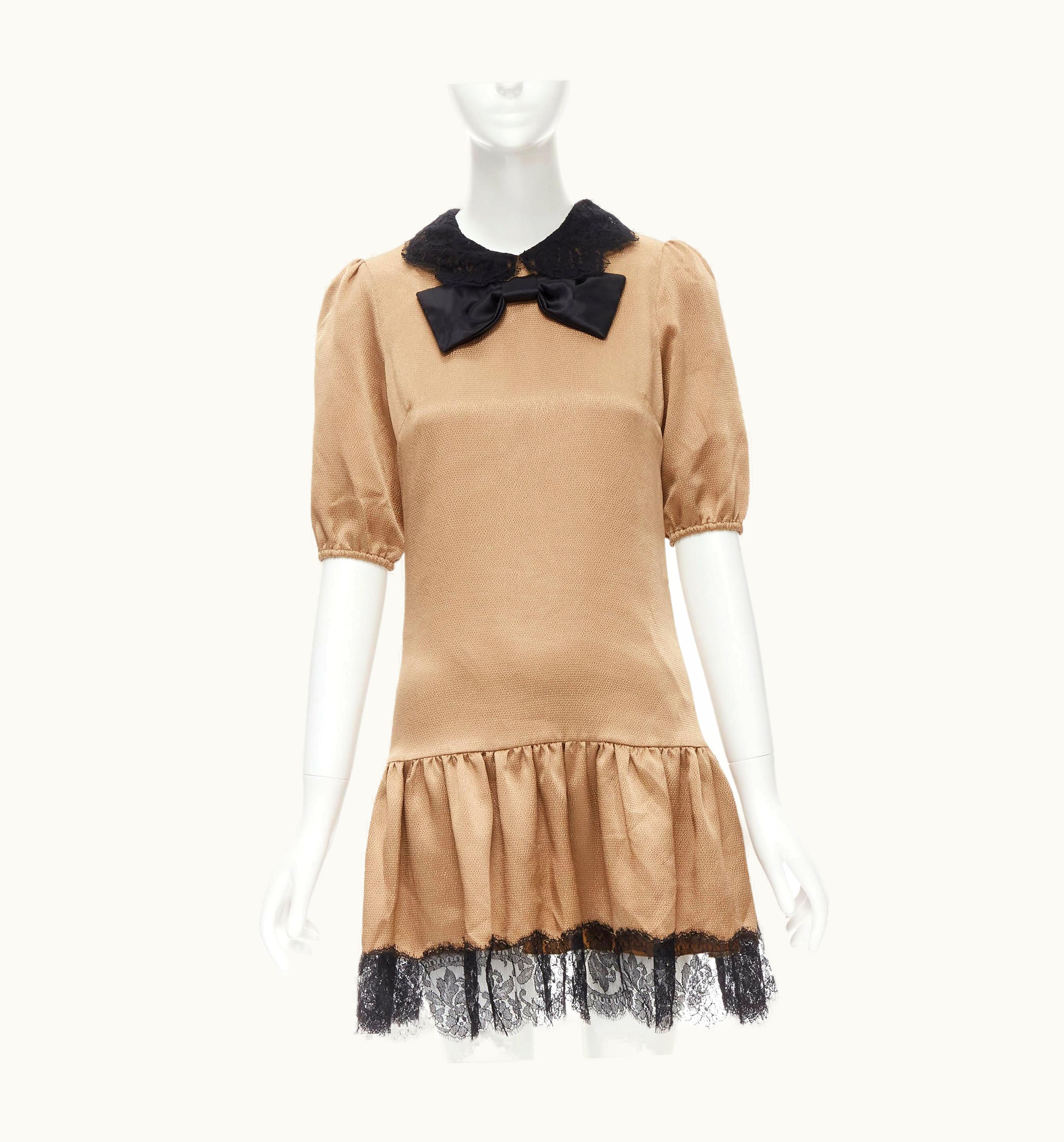 Dolce & Gabbana Dolce Gabbana Bronze Gold Black Lace Collar Bow Flounce Cocktail Dress