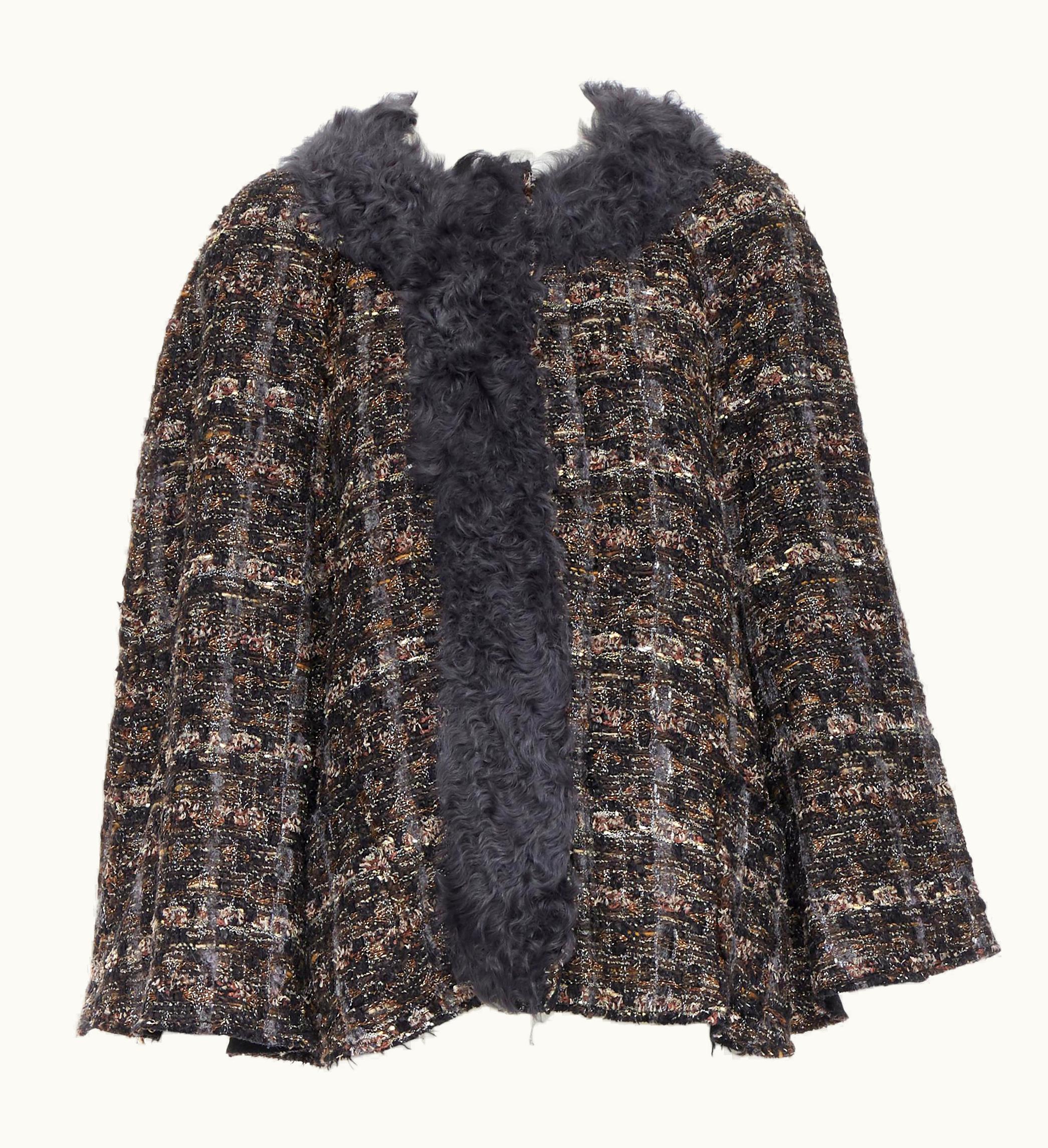 Dolce & Gabbana Dolce Gabbana Brown Black Wool Tweed Shearling Fur Trimmed Cape Poncho Jacket