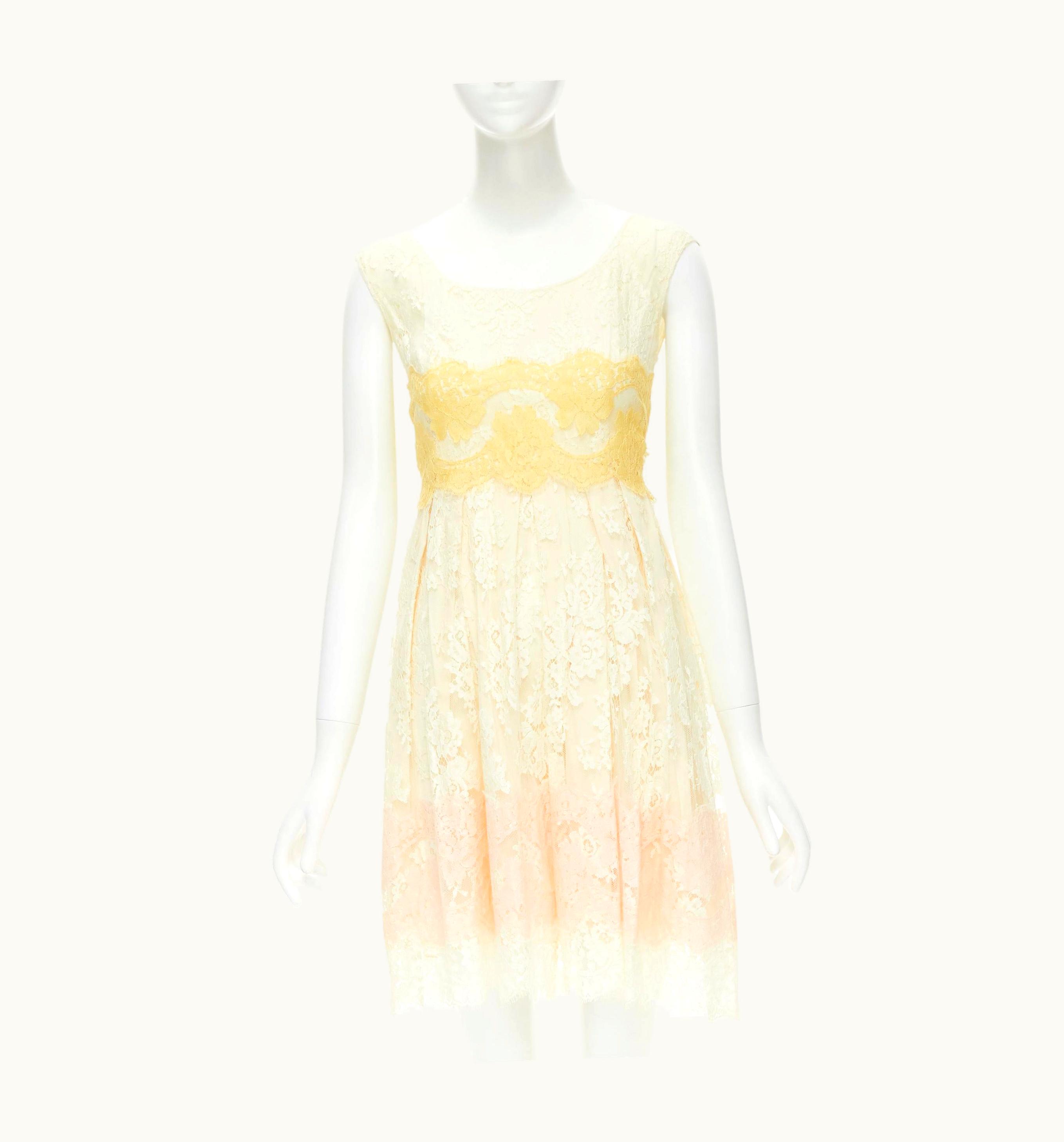 Dolce & Gabbana Dolce Gabbana White Pastel Yellow Pink Lace Fit Flared Cocktail Dress