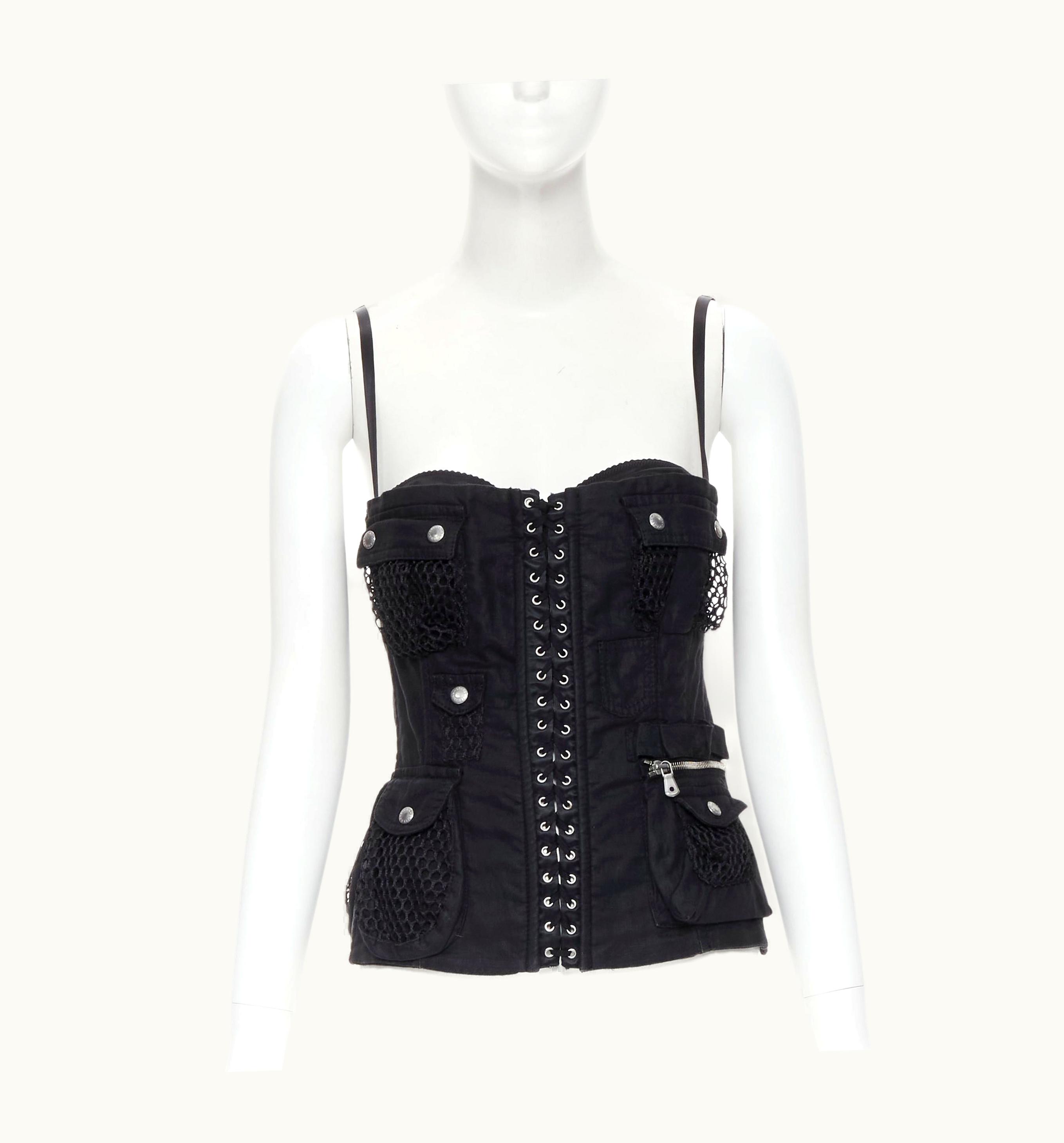 Dolce & Gabbana Vintage Dolce Gabbana Black Cargo Mesh Military Pocket Corset Bustier Top