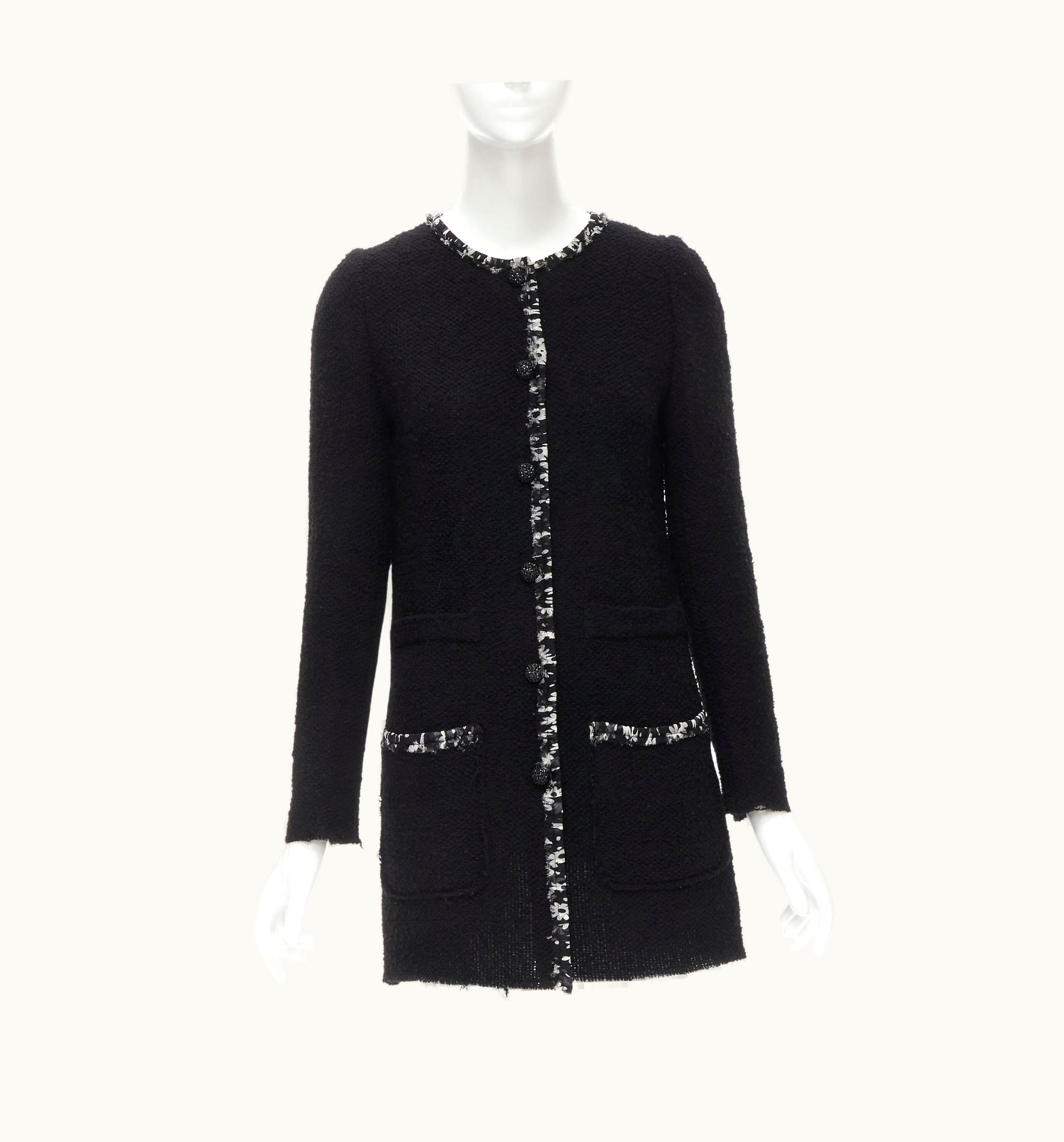 Dolce & Gabbana Dolce Gabbana Wool Tweed Floral Silk Trim Crystal Button Long Coat