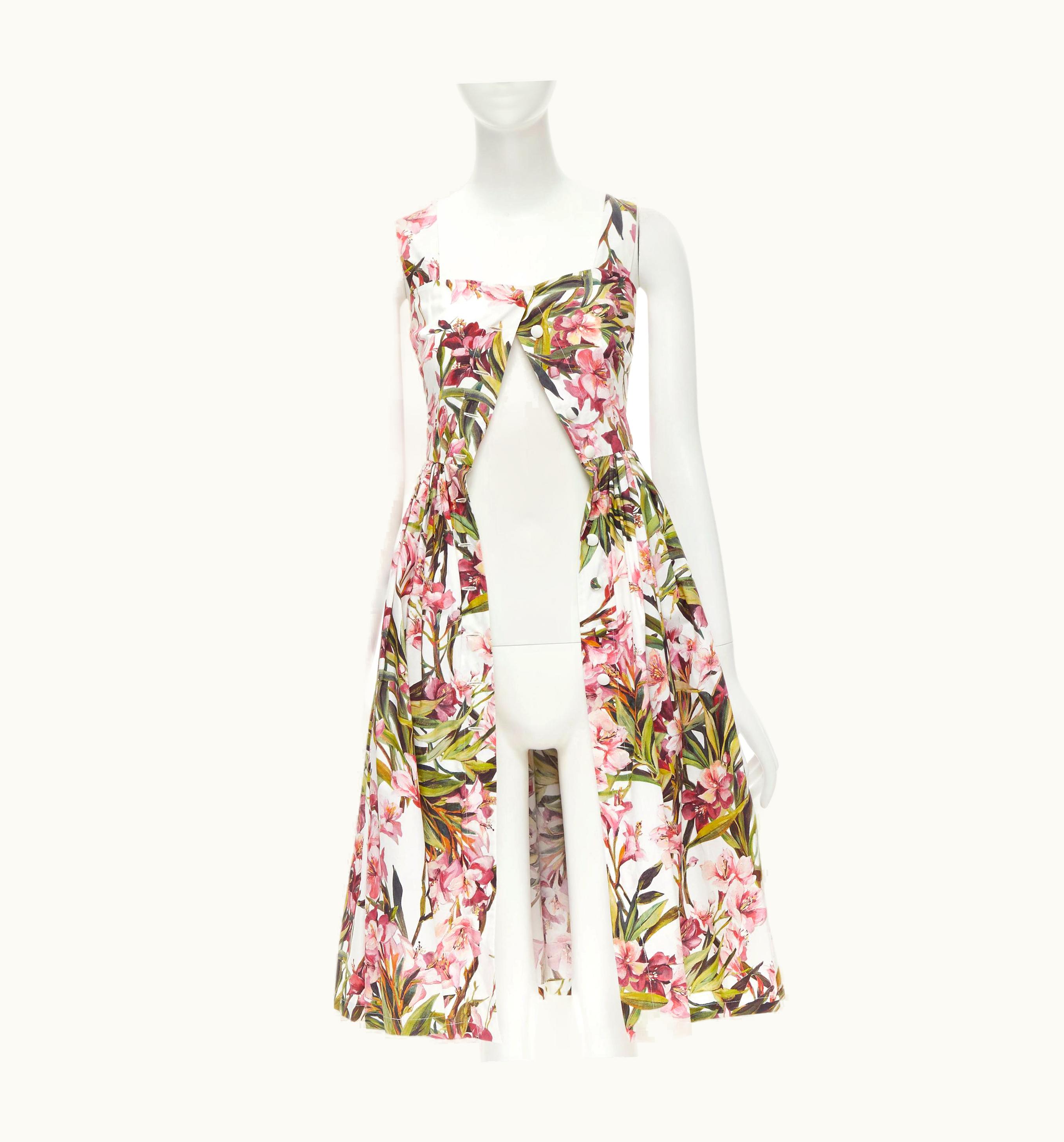 Dolce & Gabbana Dolce Gabbana Pink Green Floral Button Fit Flared Cotton Midi Dress