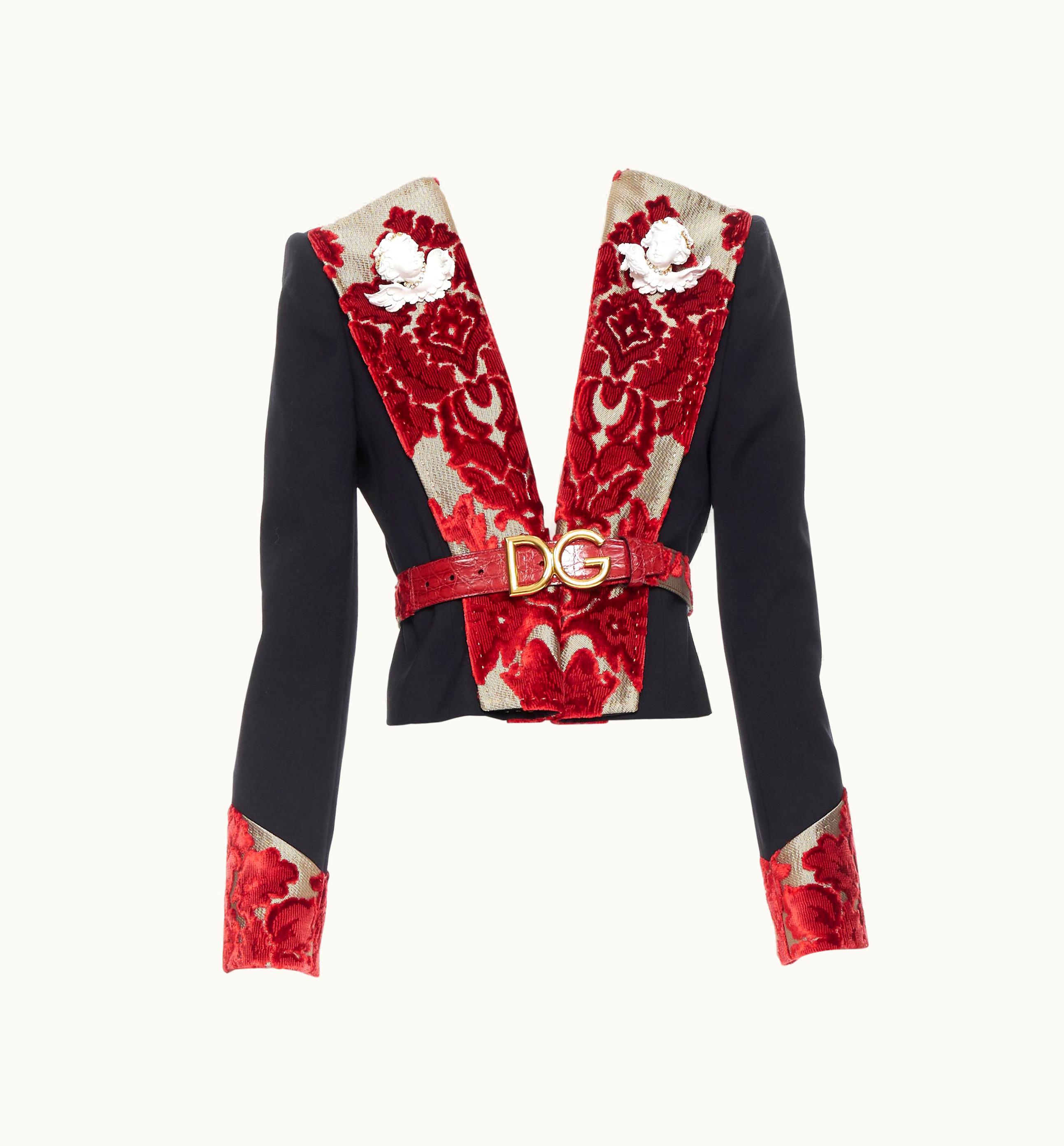 Dolce & Gabbana Runway Dolce Gabbana Black Wool Gold Red Velvet Cherub Brooch Belted Blazer