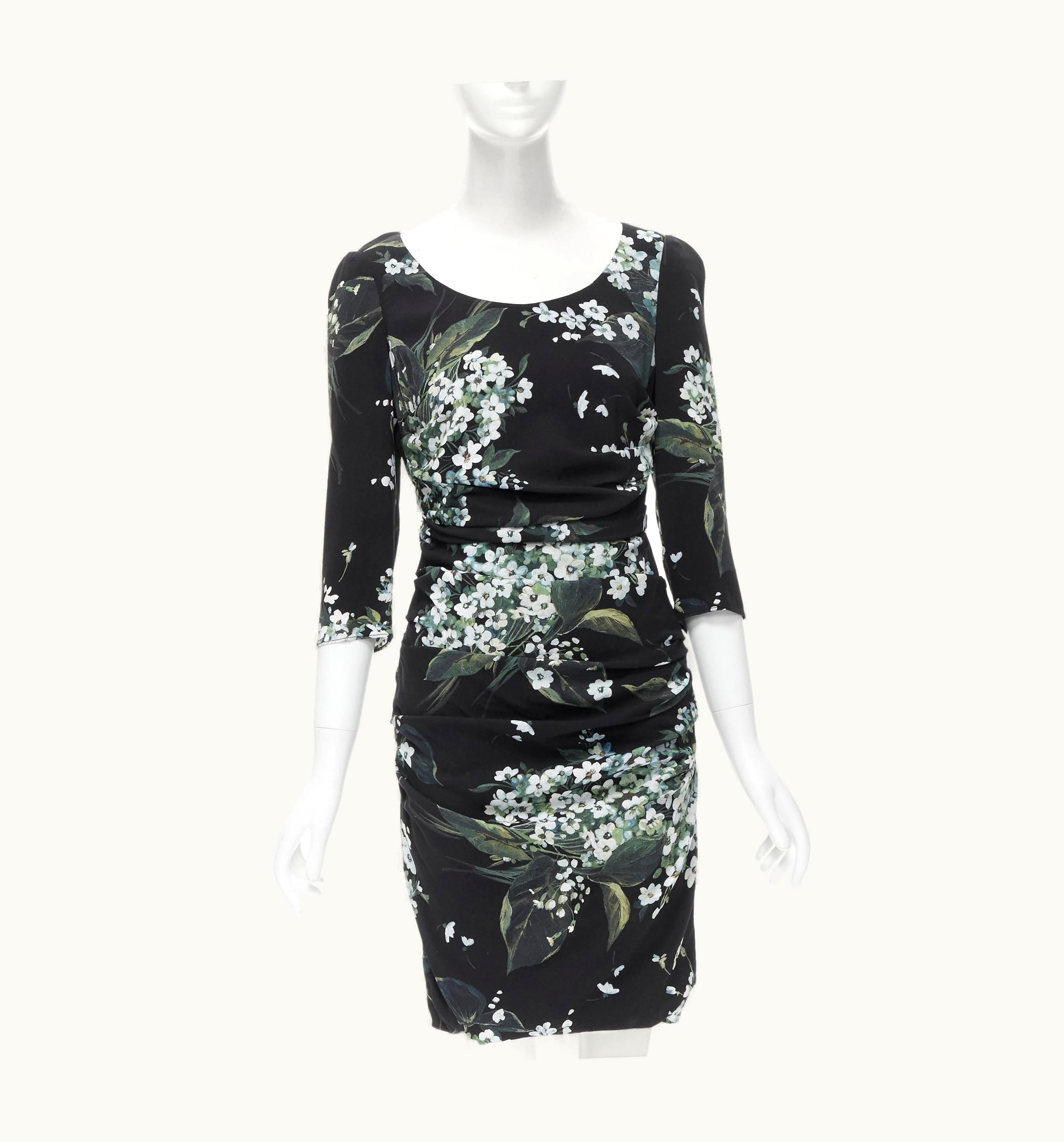 Dolce & Gabbana Dolce Gabbana Silk Black White Green Floral Print Ruched Bodycon Dress