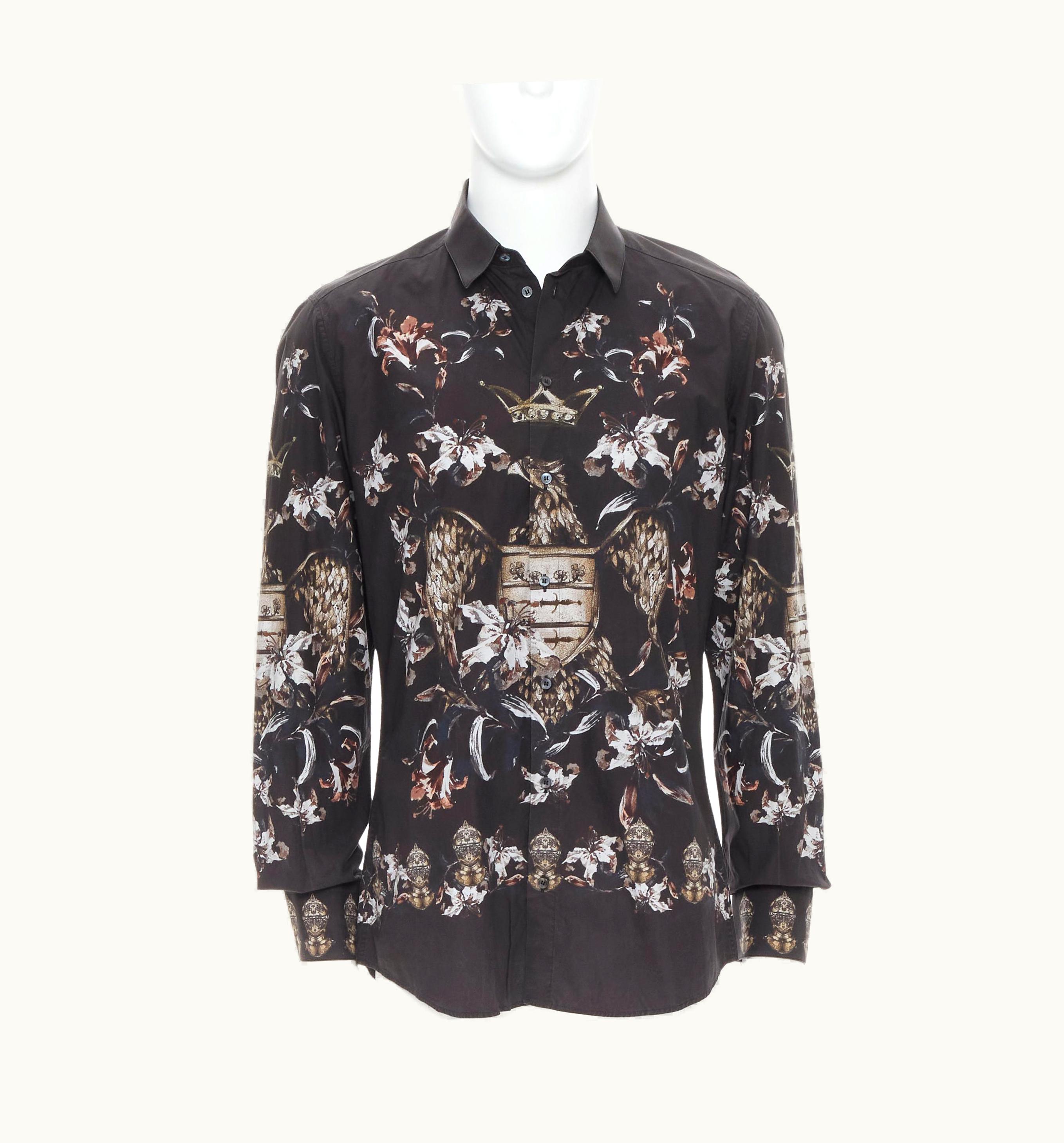 Dolce & Gabbana Dolce Gabbana Gold Coat Of Arms Blossom Floral Print Black Shirt