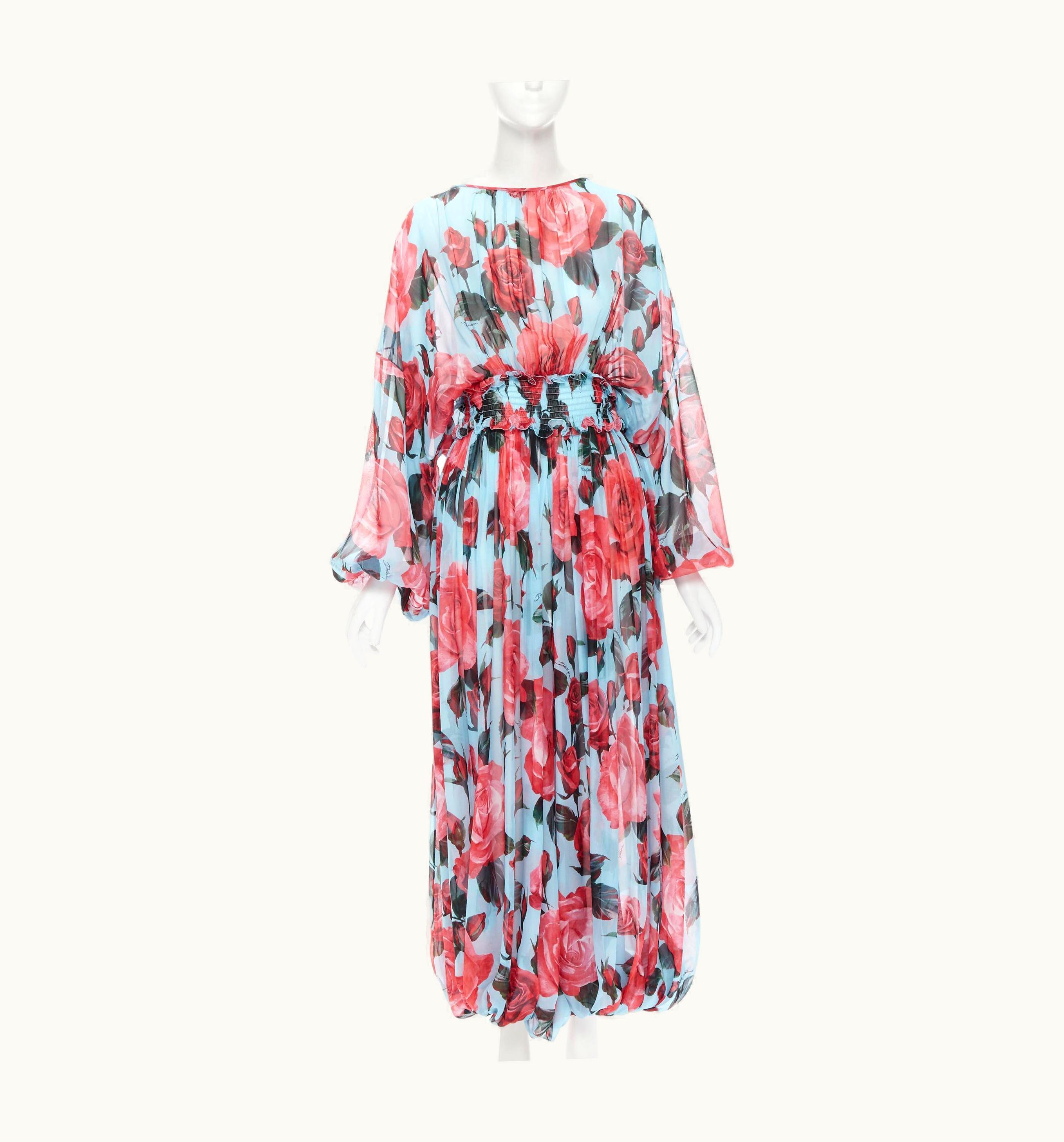 Dolce & Gabbana Dolce Gabbana Runway Blue Rose Silk Billow Sleeve Wide Jumpsuit