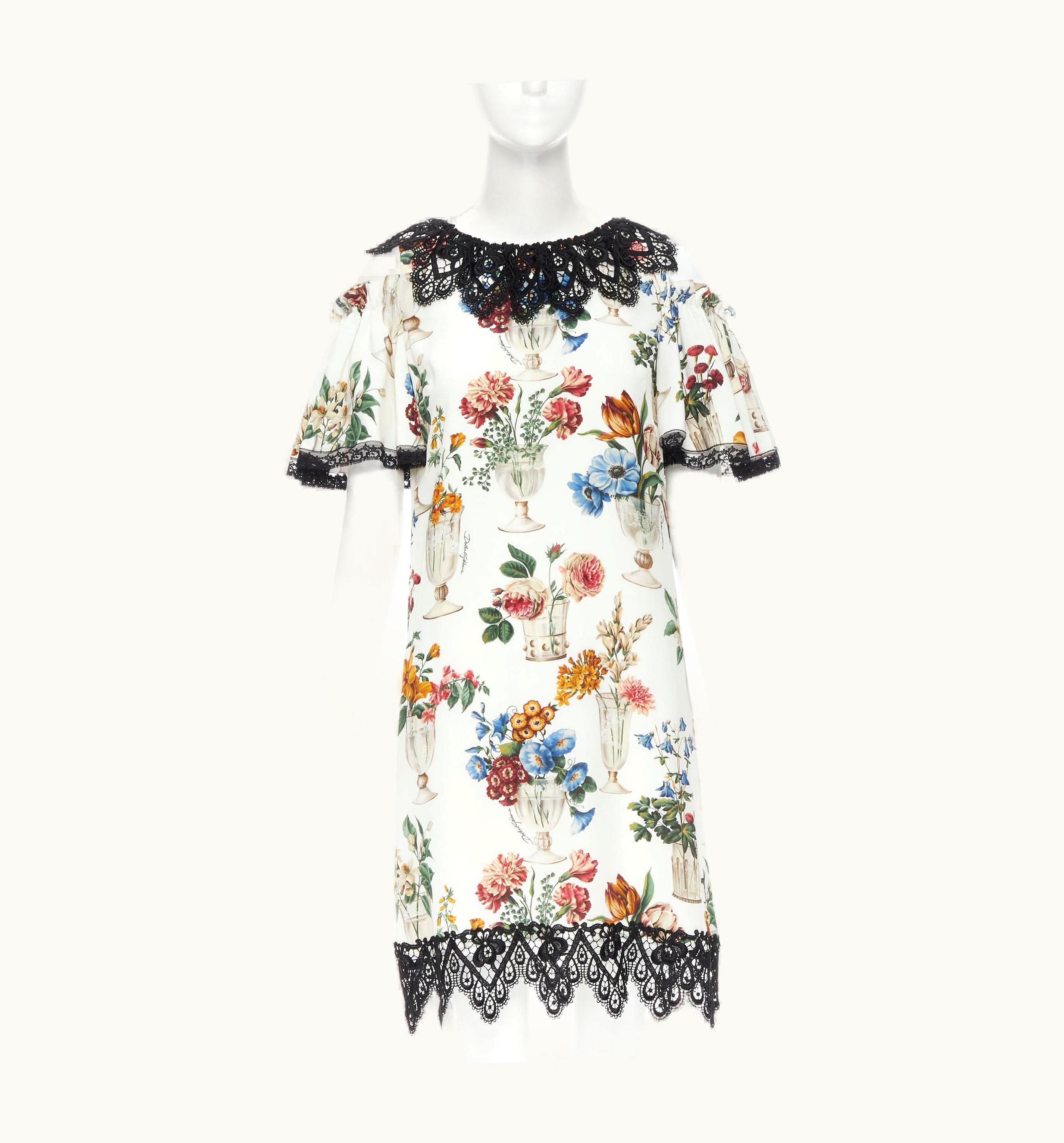 Dolce & Gabbana Dolce Gabbana Silk Vase Floral Lace Cold Shoulder Flared Dress