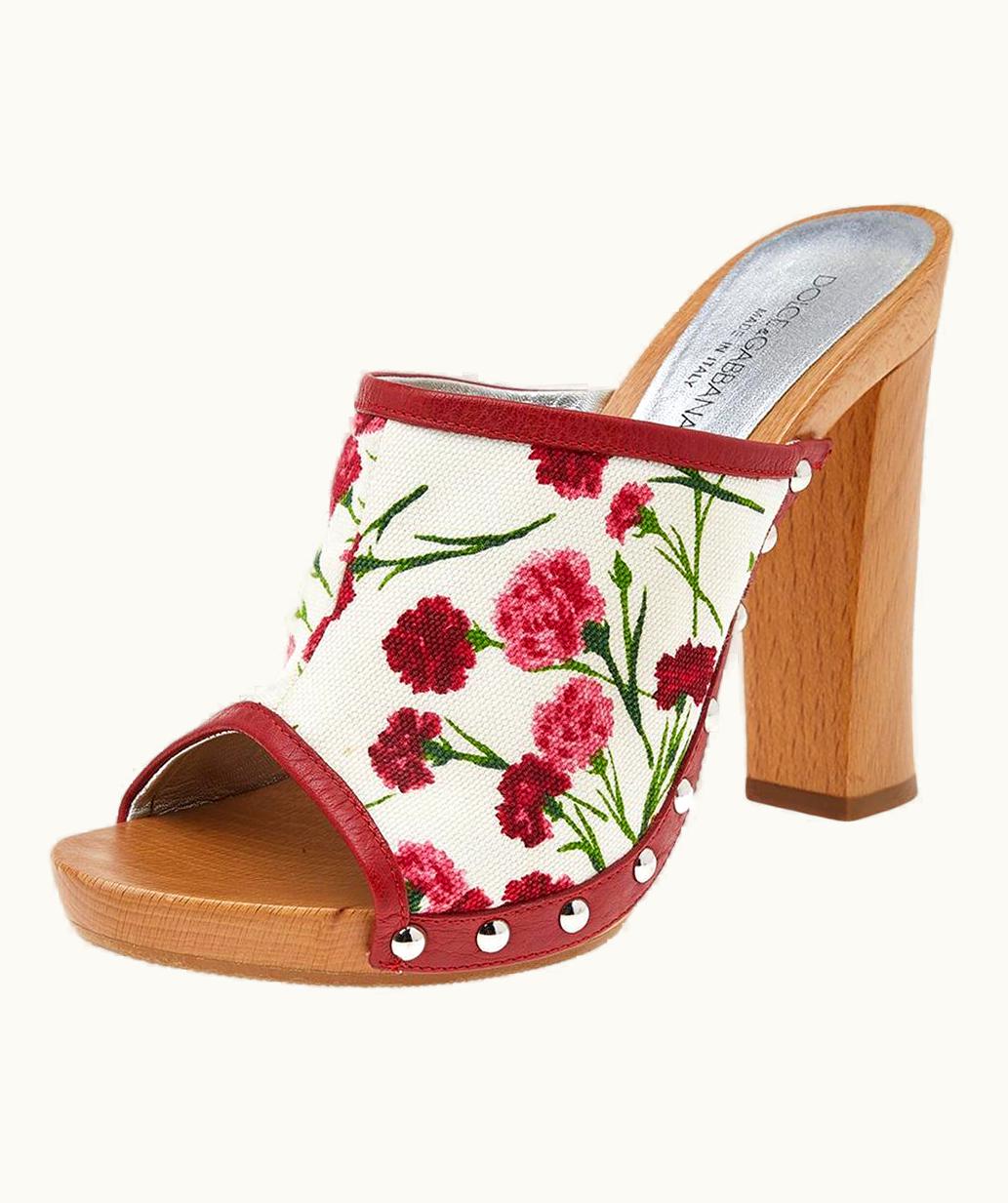 Dolce & Gabbana Dolce & Gabbana White/Red Floral Print Canvas And Leather Clogs Sandals