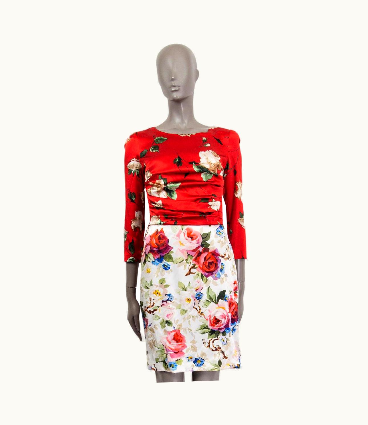 Dolce & Gabbana Dolce & Gabbana Red & White Silk Rose Floral Half Sleeve Sheath Dress