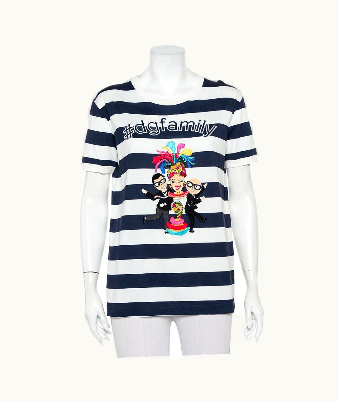 Dolce & Gabbana Dolce & Gabbana White & Navy Blue Striped Cotton Patch Detail Crewneck T-Shirt
