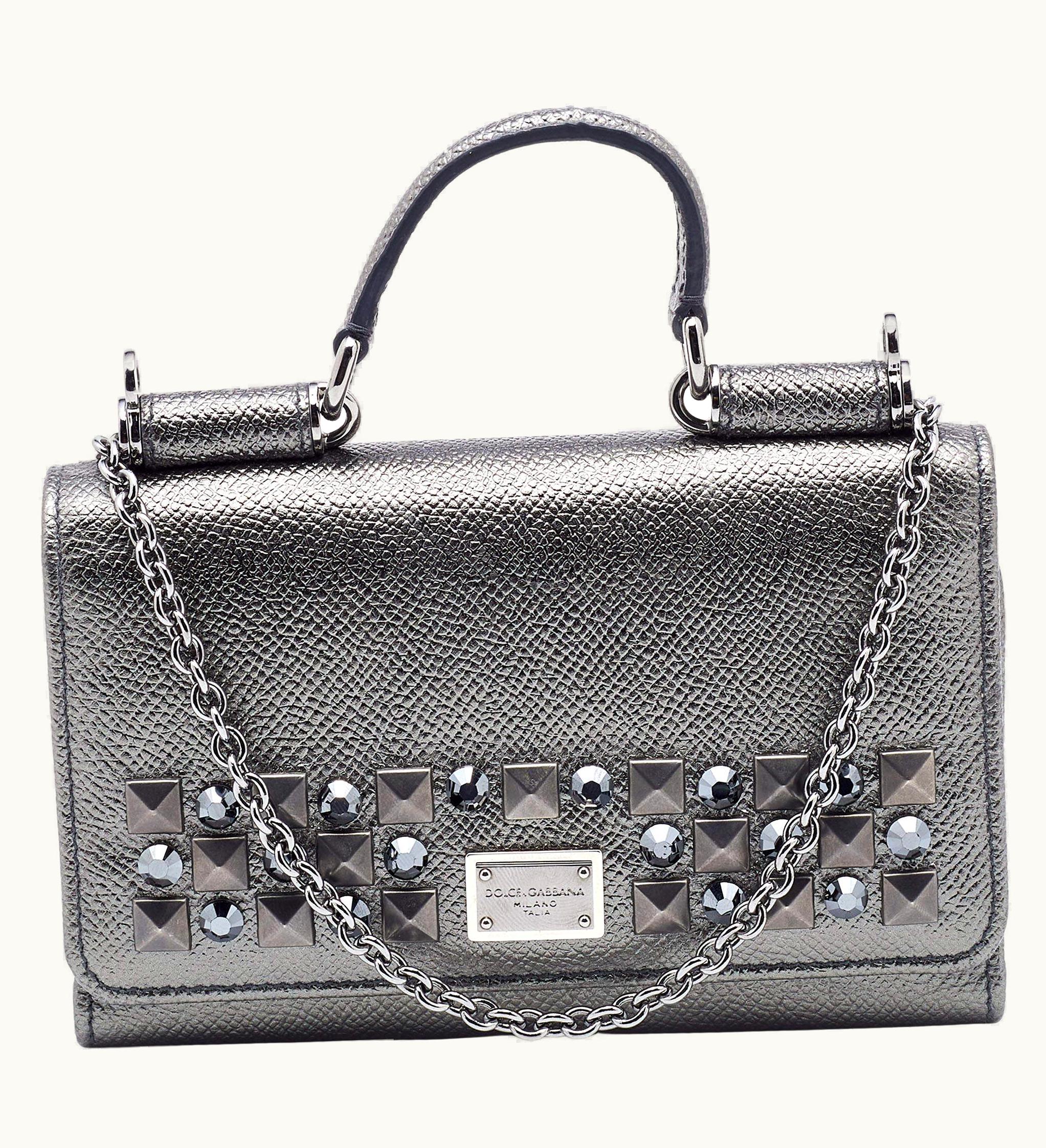 Dolce & Gabbana Dolce & Gabbana Metallic Grey Leather Miss Sicily Von Studded Wallet On Chain