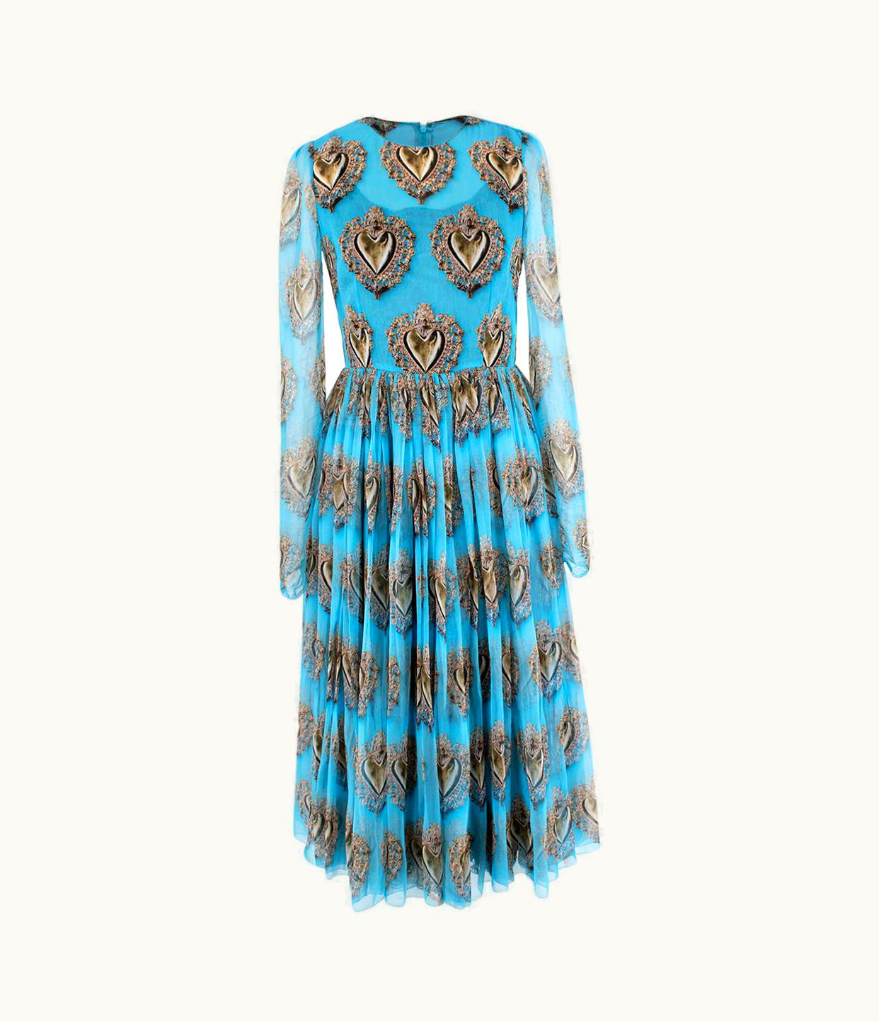 Dolce & Gabbana Dolce & Gabbana Sacred Heart Long Sleeve Blue Silk-Chiffon Dress - Us