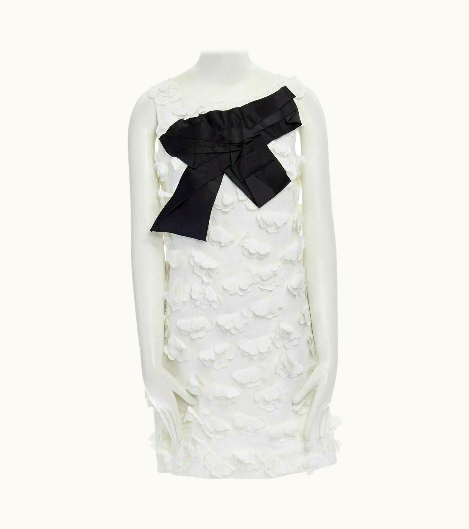 Dolce & Gabbana Dolce Gabbana White 3d Floral Petal Applique Black Bow Sheath Dress