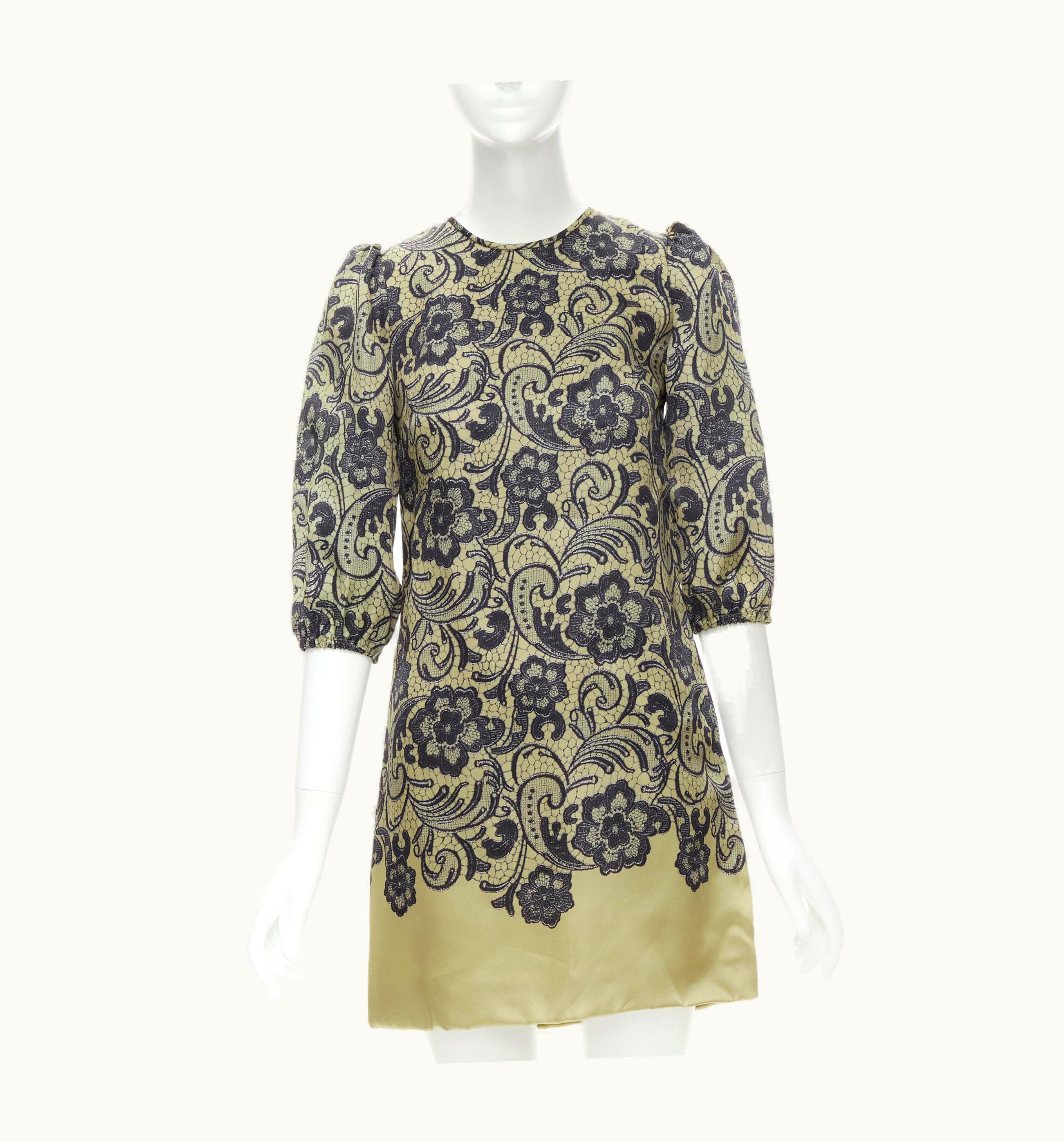 Dolce & Gabbana Dolce Gabbana Blue Floral Lace Puff Princess Sleeve A-line Silk Dress