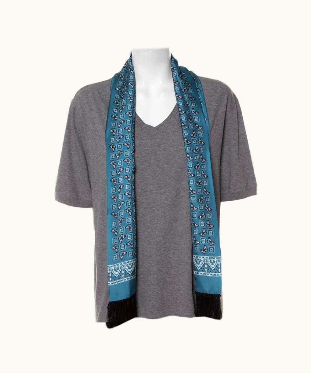 Dolce & Gabbana Dolce & Gabbana Grey Cotton V-Neck T-Shirt With Butterfly Printed Silk Scarf