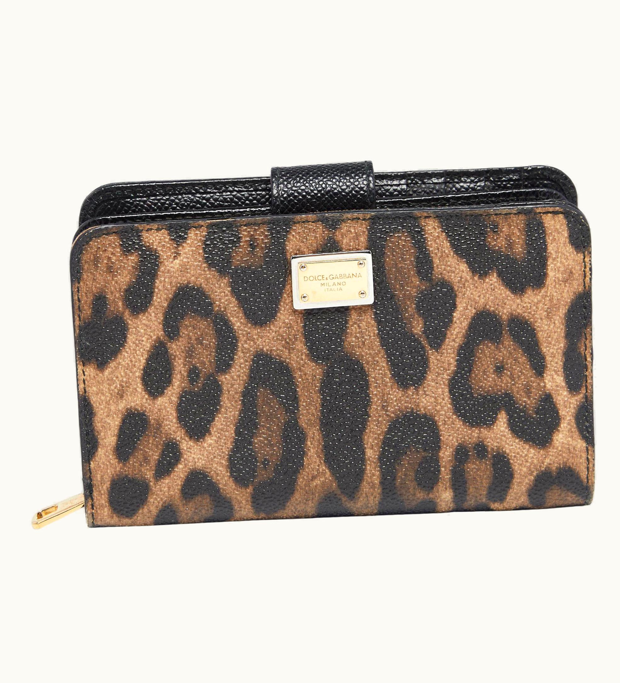 Dolce & Gabbana Dolce & Gabbana Brown/Black Leopard Print Coated Canvas Zip Compact Wallet