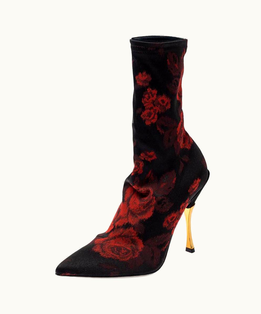 Dolce & Gabbana Docle & Gabbana Black/Red Rose Jacquard Fabric Boots